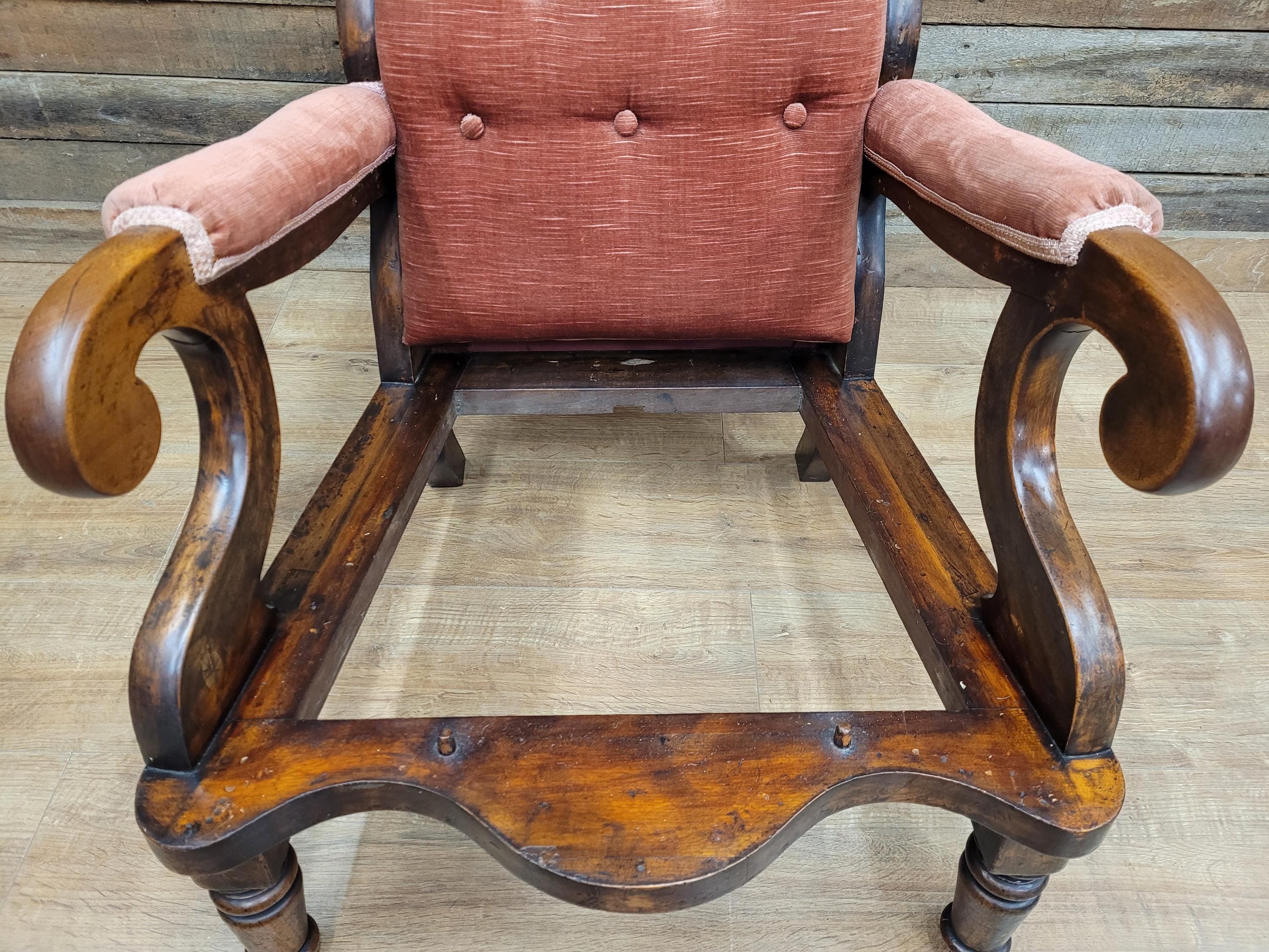 Antique Victorian Mahogany Button Back Armchair In Rust Fabric
