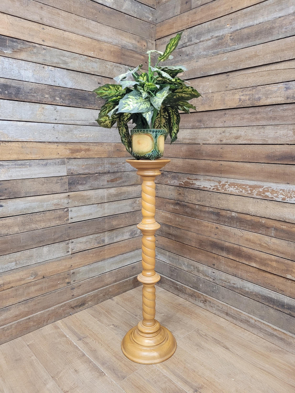 Vintage Blonde Torchiere Carved Barley Twist Circular Column Plant Stand
