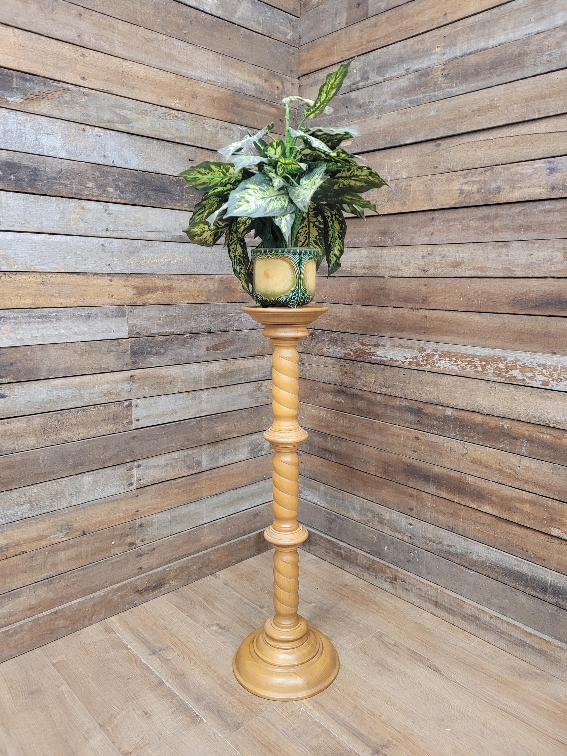 Vintage Blonde Torchiere Carved Barley Twist Circular Column Plant Stand