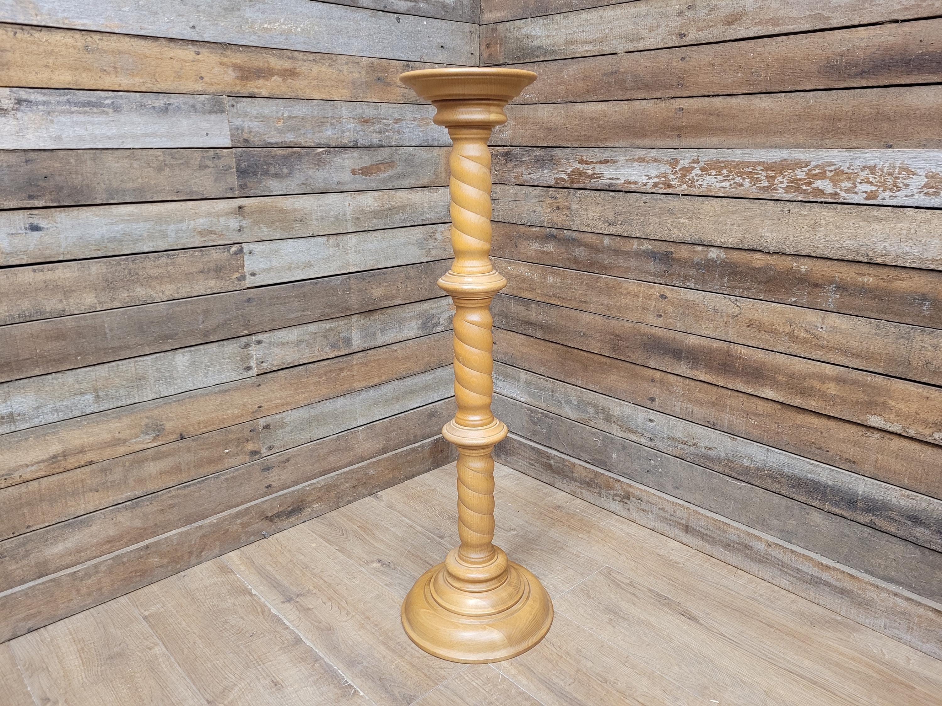 Vintage Blonde Torchiere Carved Barley Twist Circular Column Plant Stand