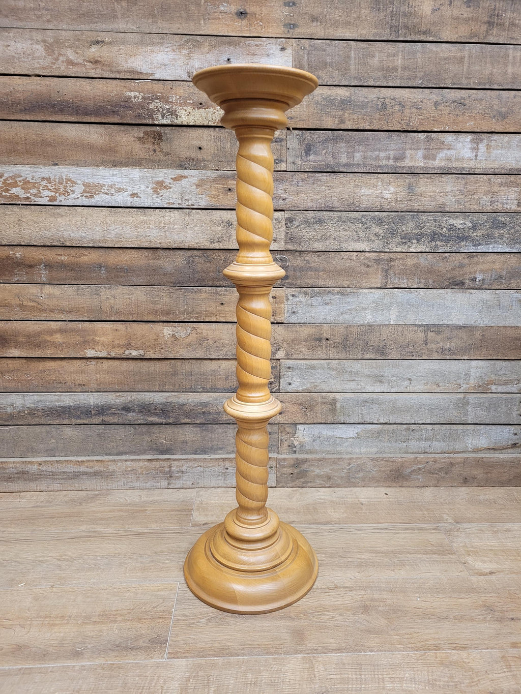 Vintage Blonde Torchiere Carved Barley Twist Circular Column Plant Stand