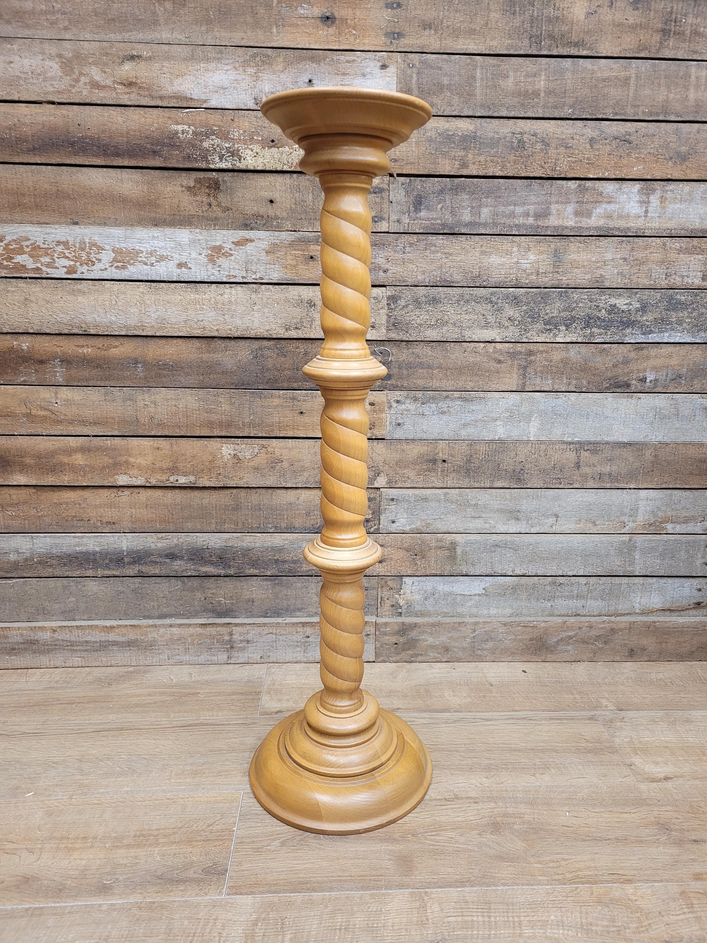 Vintage Blonde Torchiere Carved Barley Twist Circular Column Plant Stand