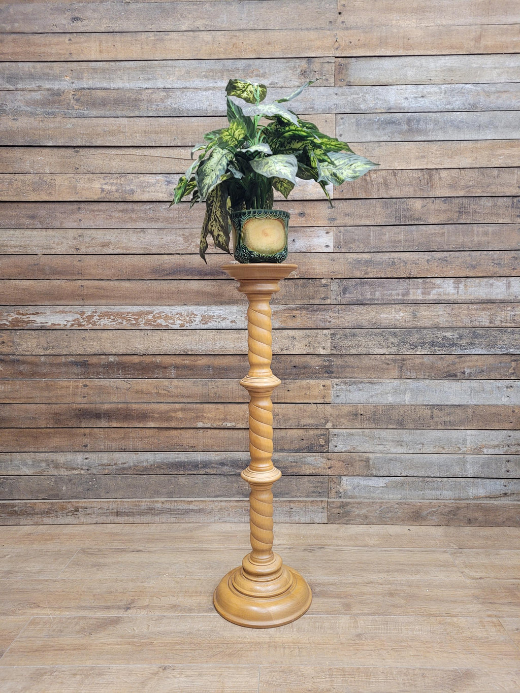 Vintage Blonde Torchiere Carved Barley Twist Circular Column Plant Stand