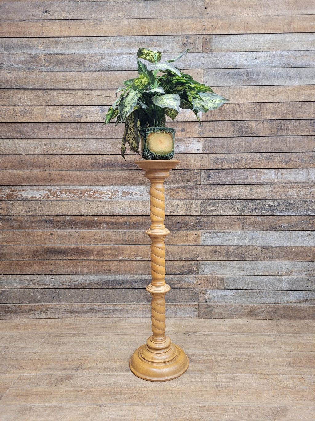 Vintage Blonde Torchiere Carved Barley Twist Circular Column Plant Stand