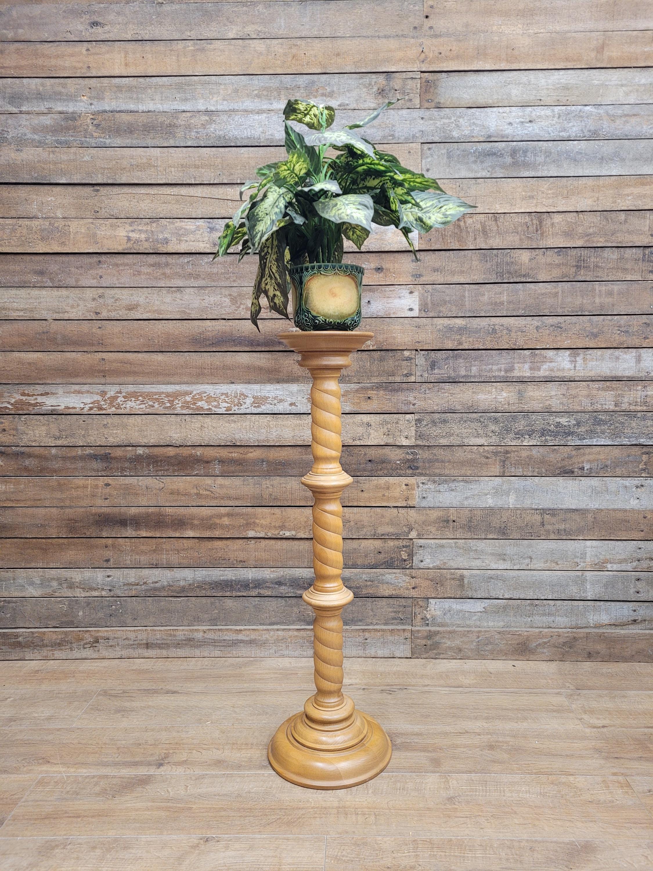 Vintage Blonde Torchiere Carved Barley Twist Circular Column Plant Stand