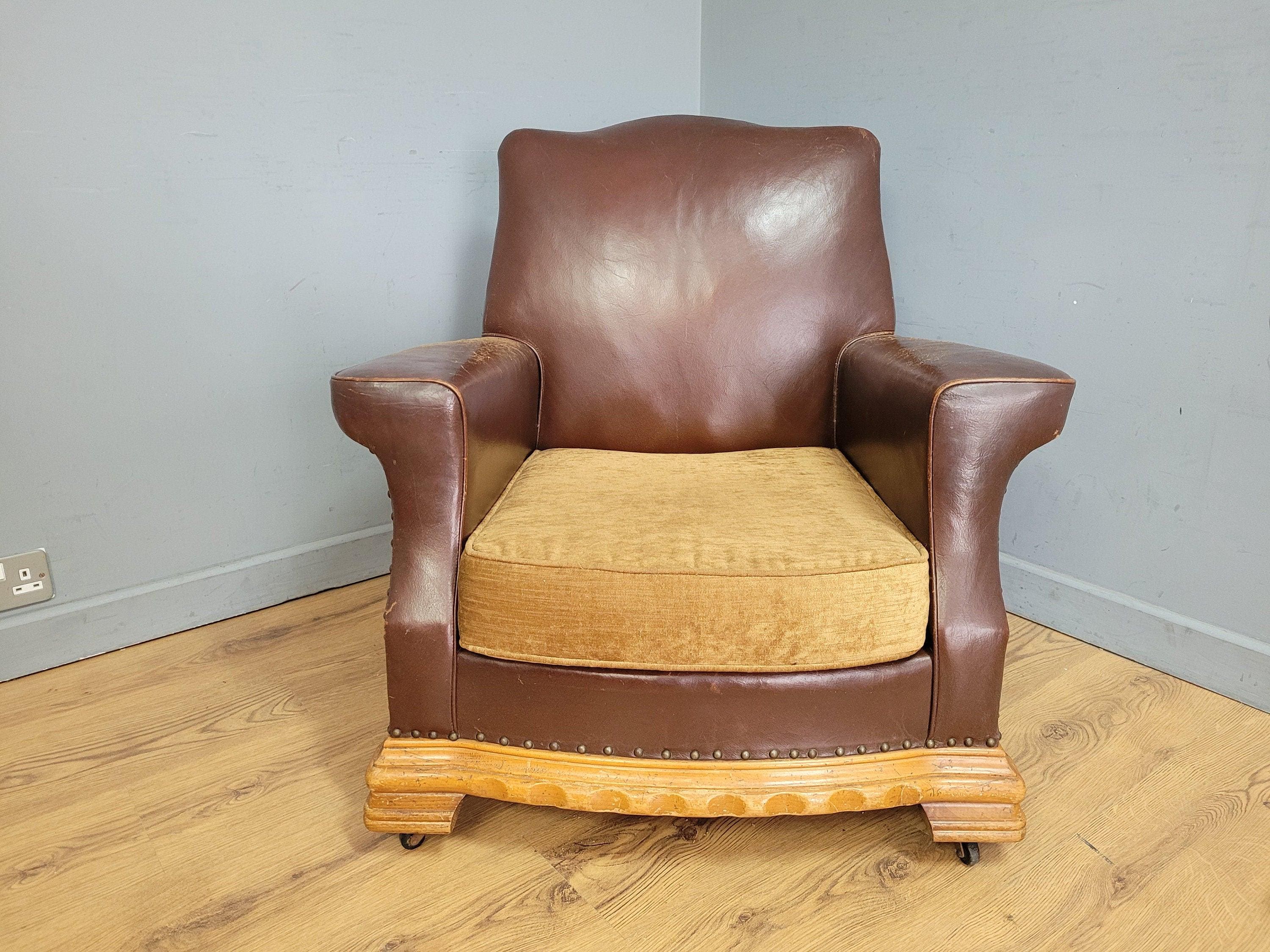 Vintage Brown Leather Tub Chair Club Armchair Distressed Art Deco Style
