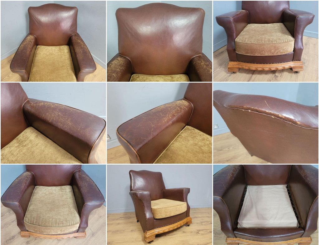 Vintage Brown Leather Tub Chair Club Armchair Distressed Art Deco Style