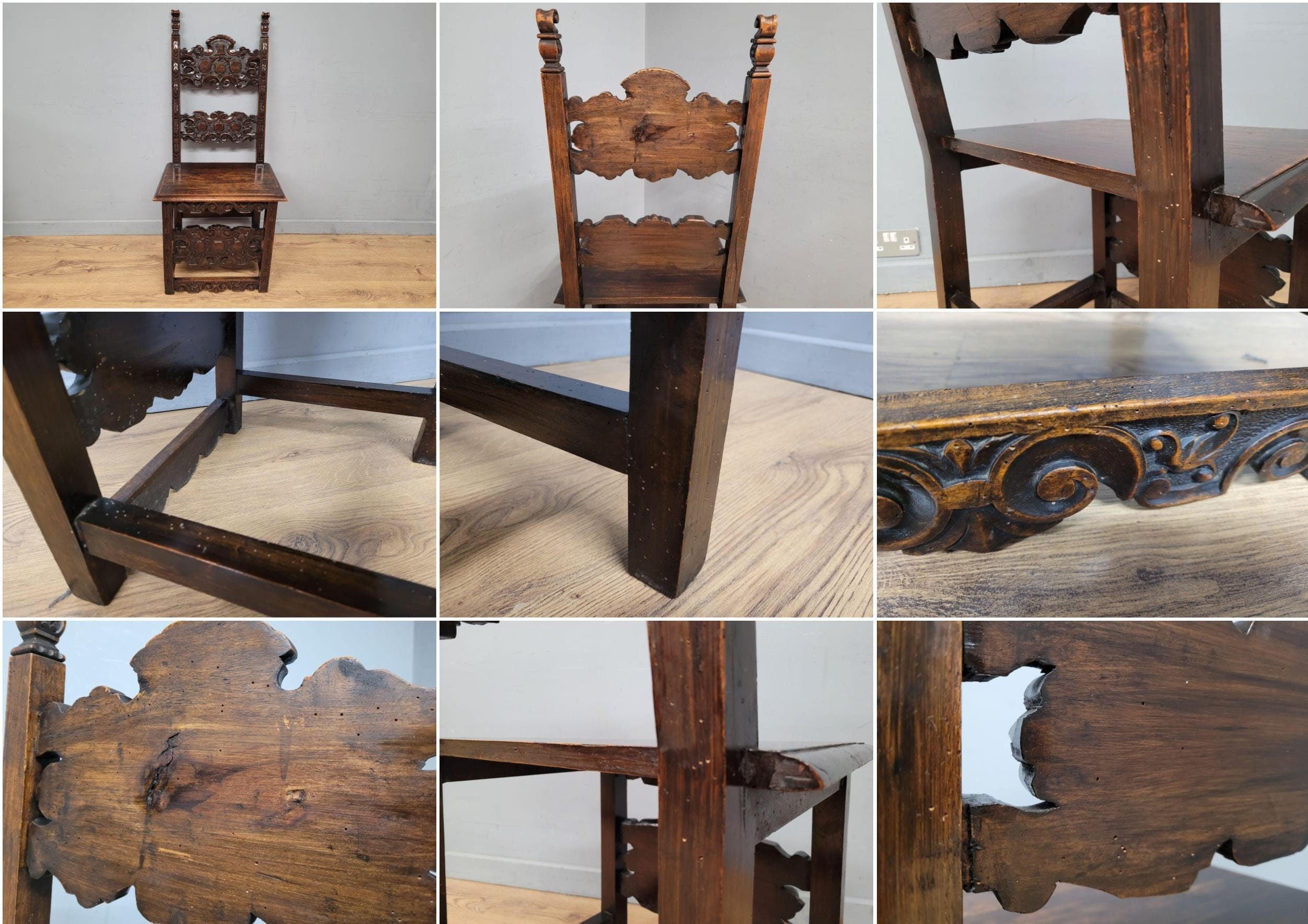 Antique 19thC Italian Carved Hall Chair Throne Renaissance Style