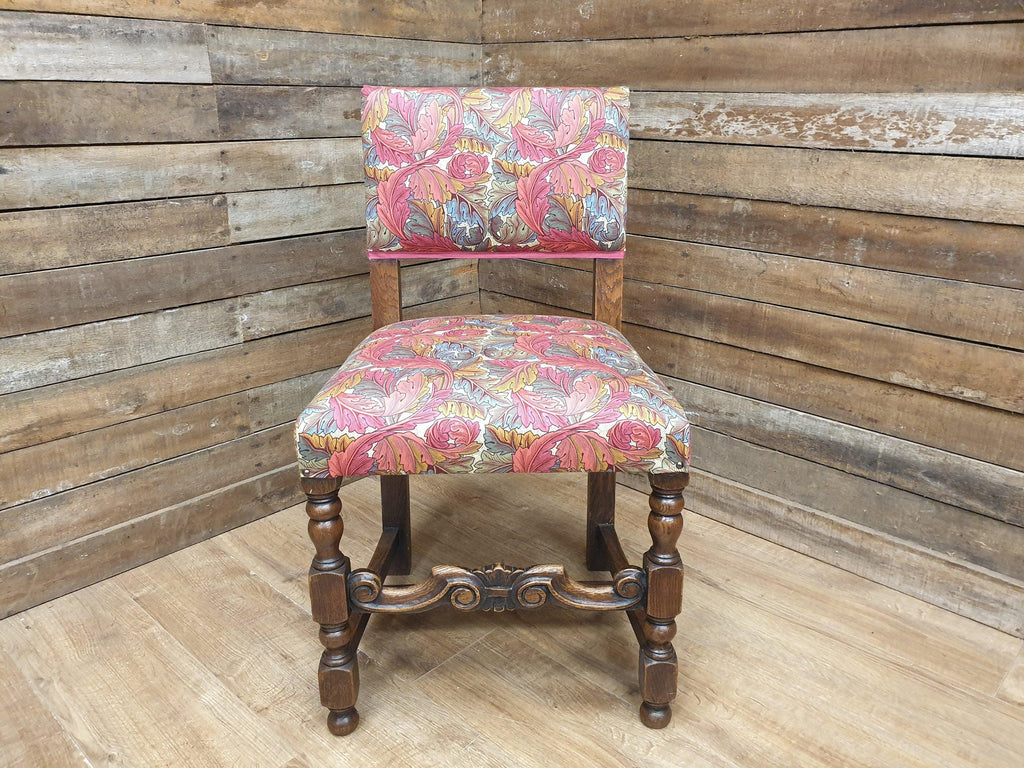 Antique William Morris Acanthus Fully Upholstered Oak Framed Chair Turned Legs