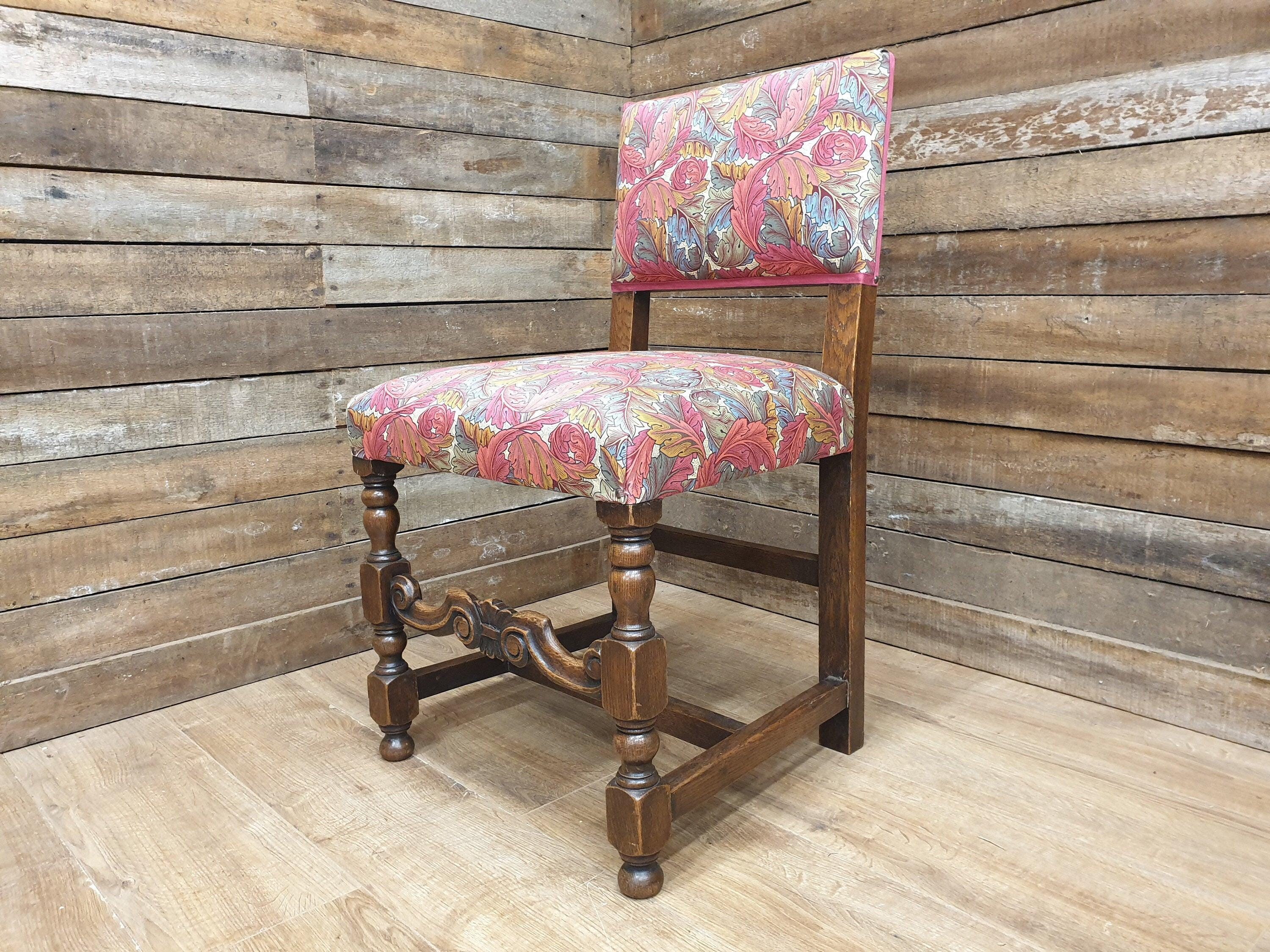 Antique William Morris Acanthus Fully Upholstered Oak Framed Chair Turned Legs