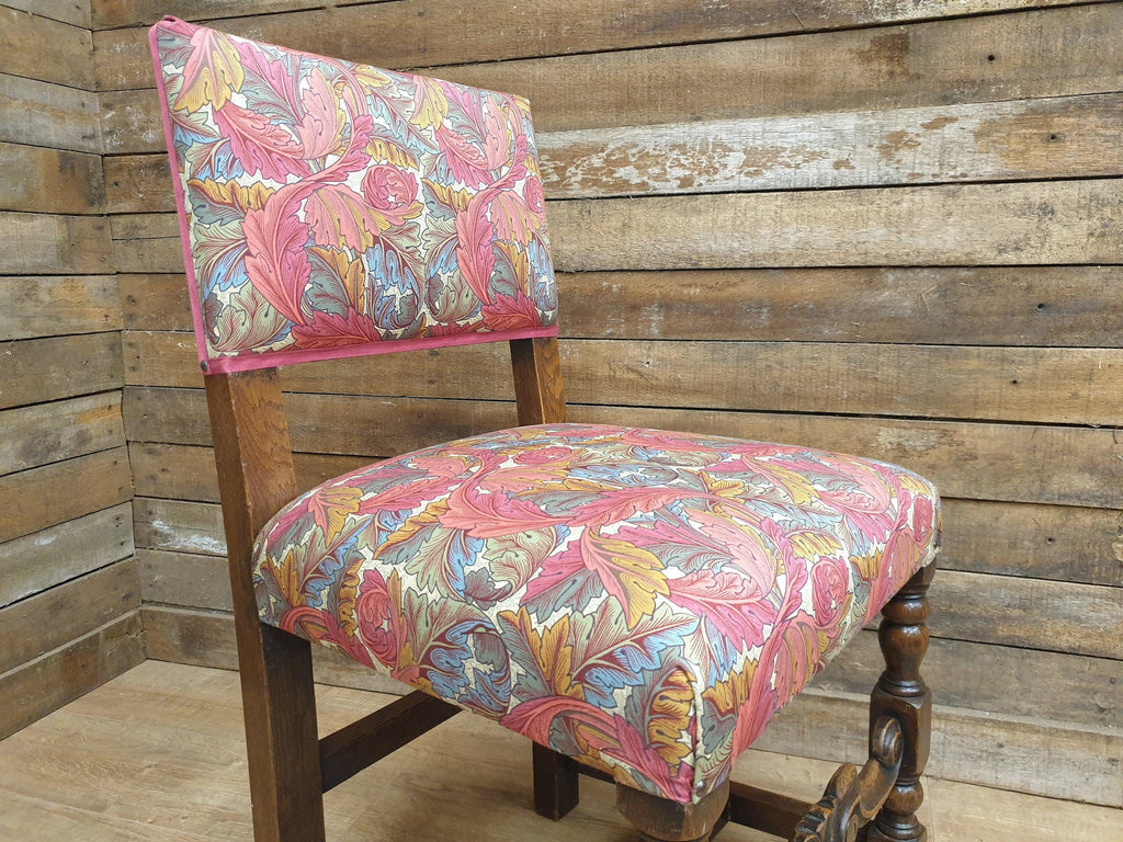 Antique William Morris Acanthus Fully Upholstered Oak Framed Chair Turned Legs