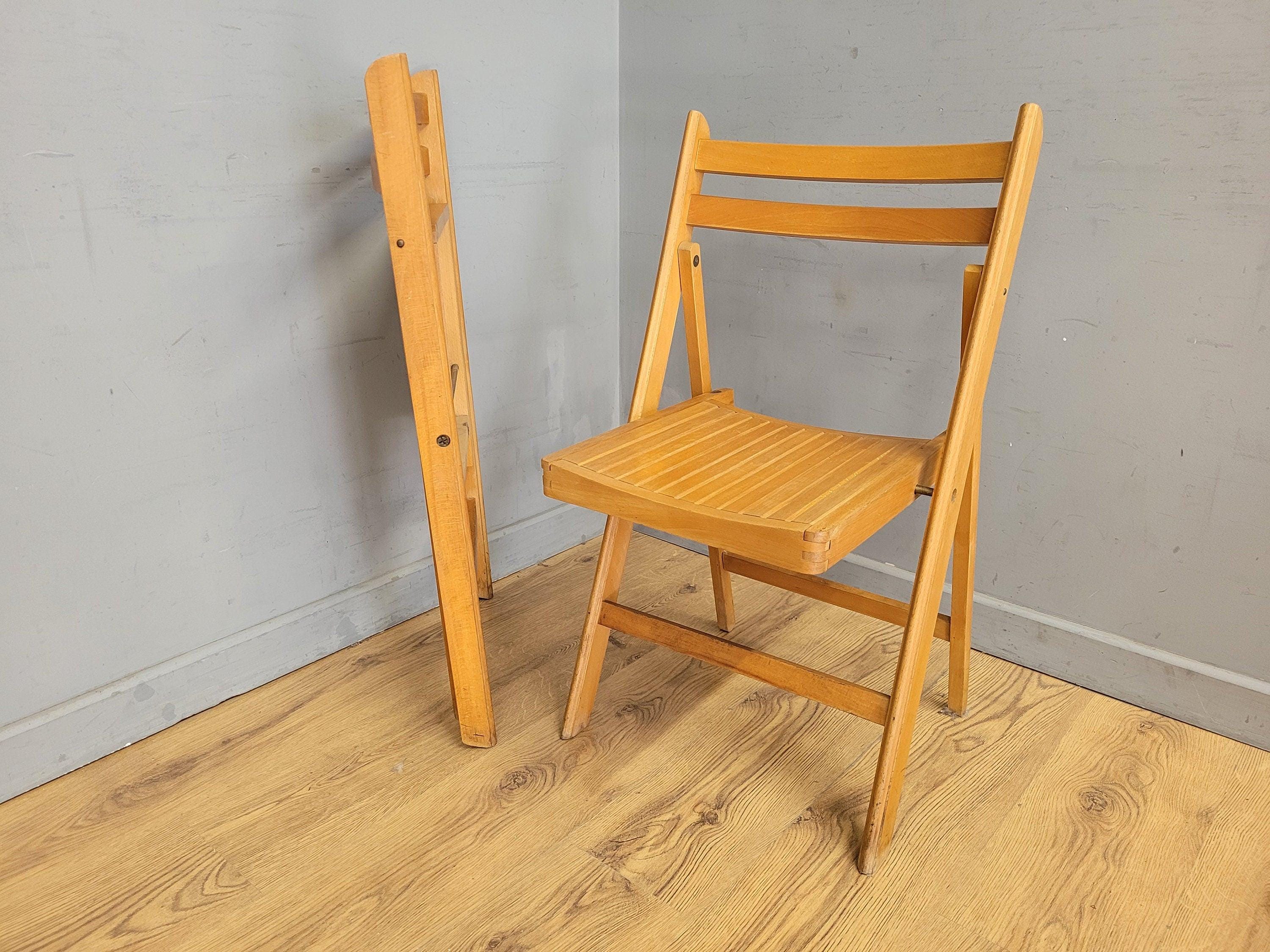 Two Mid Century Wooden Slatted Folding Chairs Space Saving
