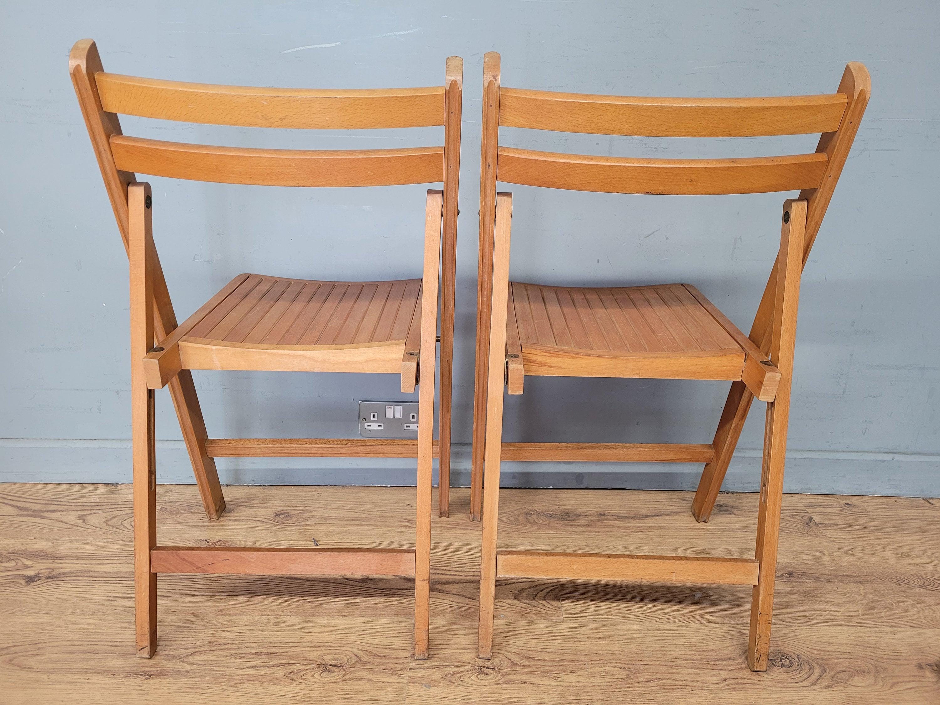 Two Mid Century Wooden Slatted Folding Chairs Space Saving
