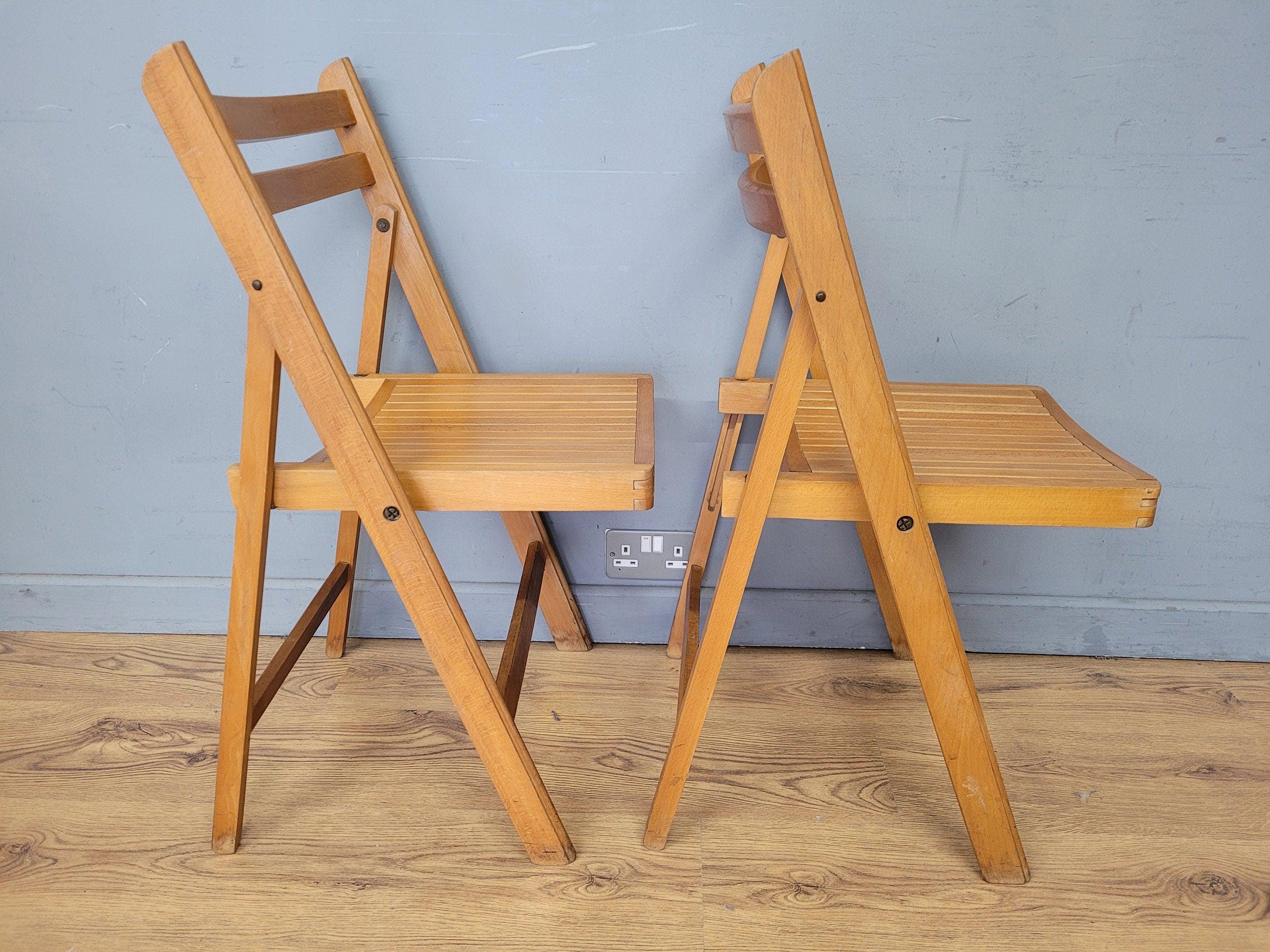 Two Mid Century Wooden Slatted Folding Chairs Space Saving