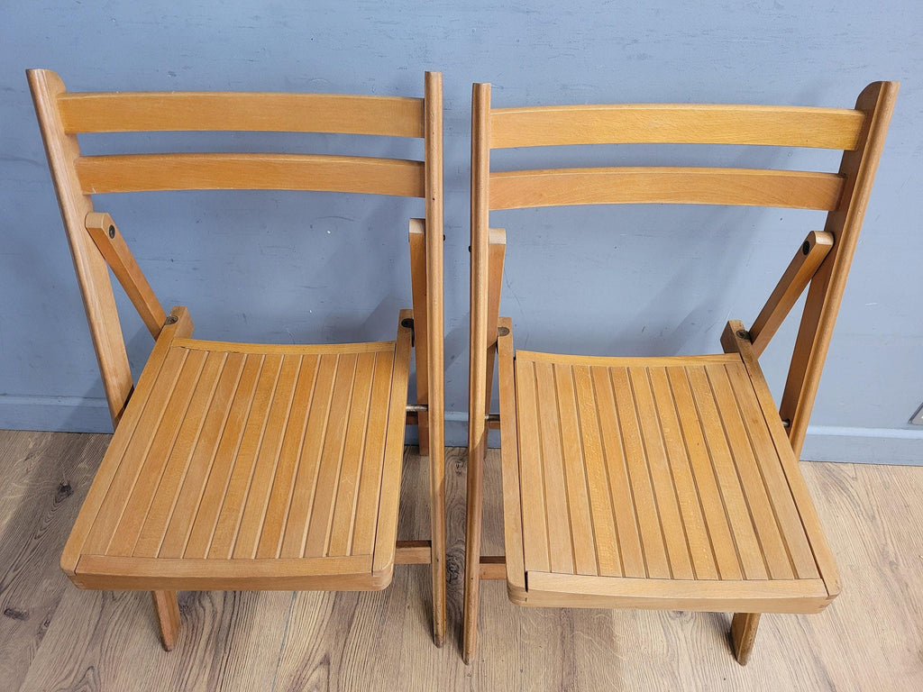 Two Mid Century Wooden Slatted Folding Chairs Space Saving