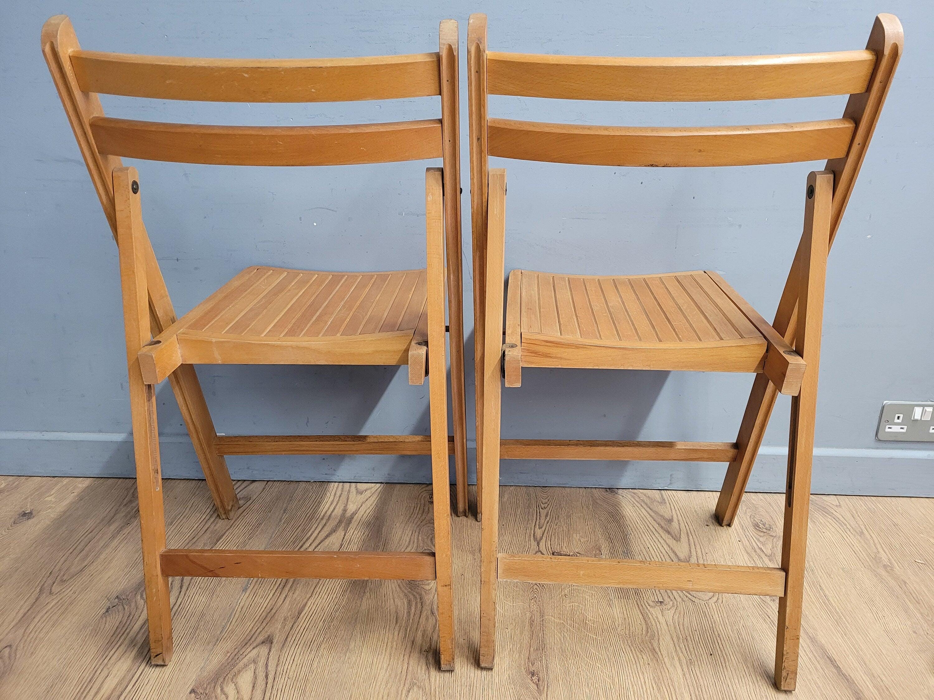 Two Mid Century Wooden Slatted Folding Chairs Space Saving