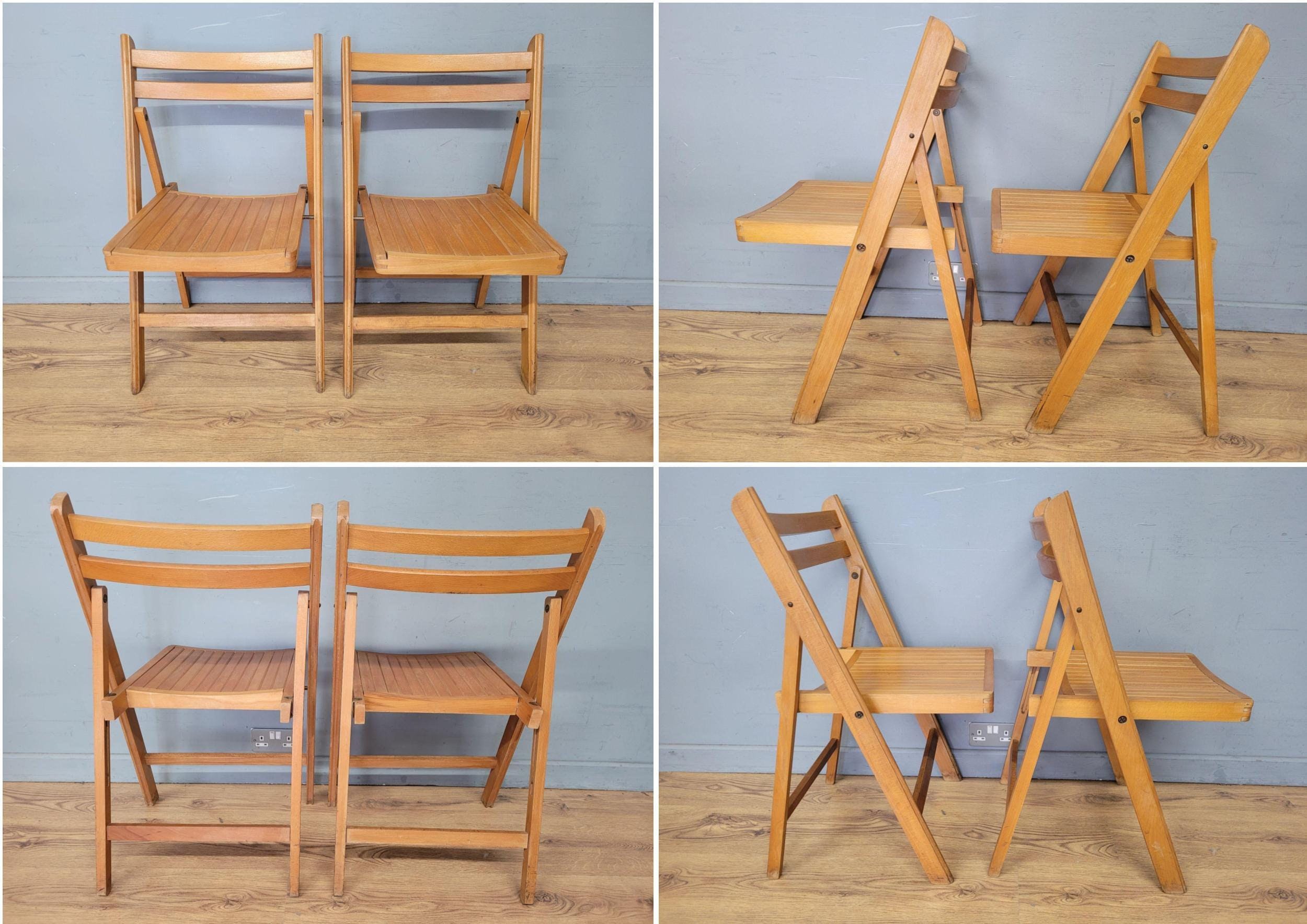 Two Mid Century Wooden Slatted Folding Chairs Space Saving