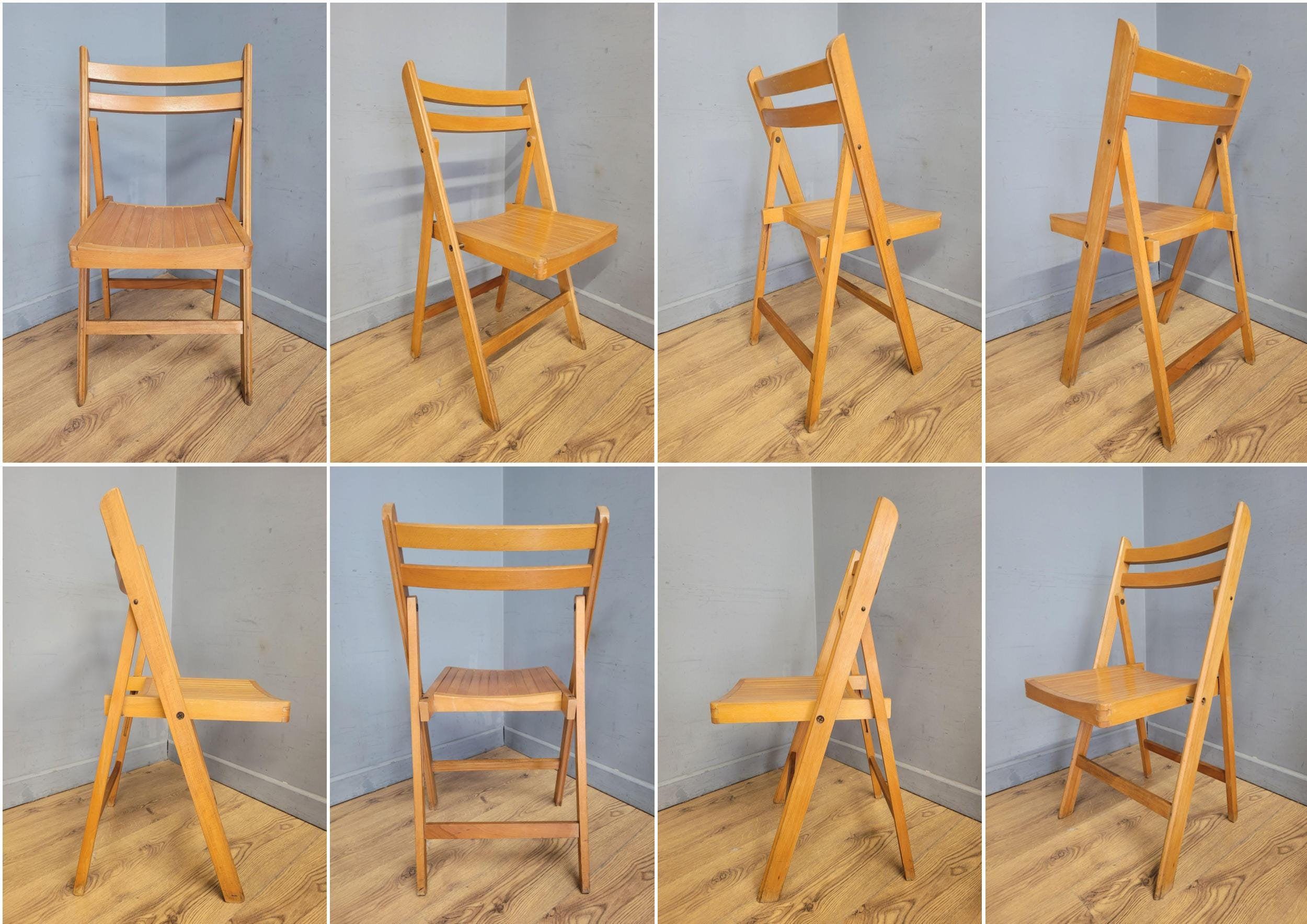 Two Mid Century Wooden Slatted Folding Chairs Space Saving