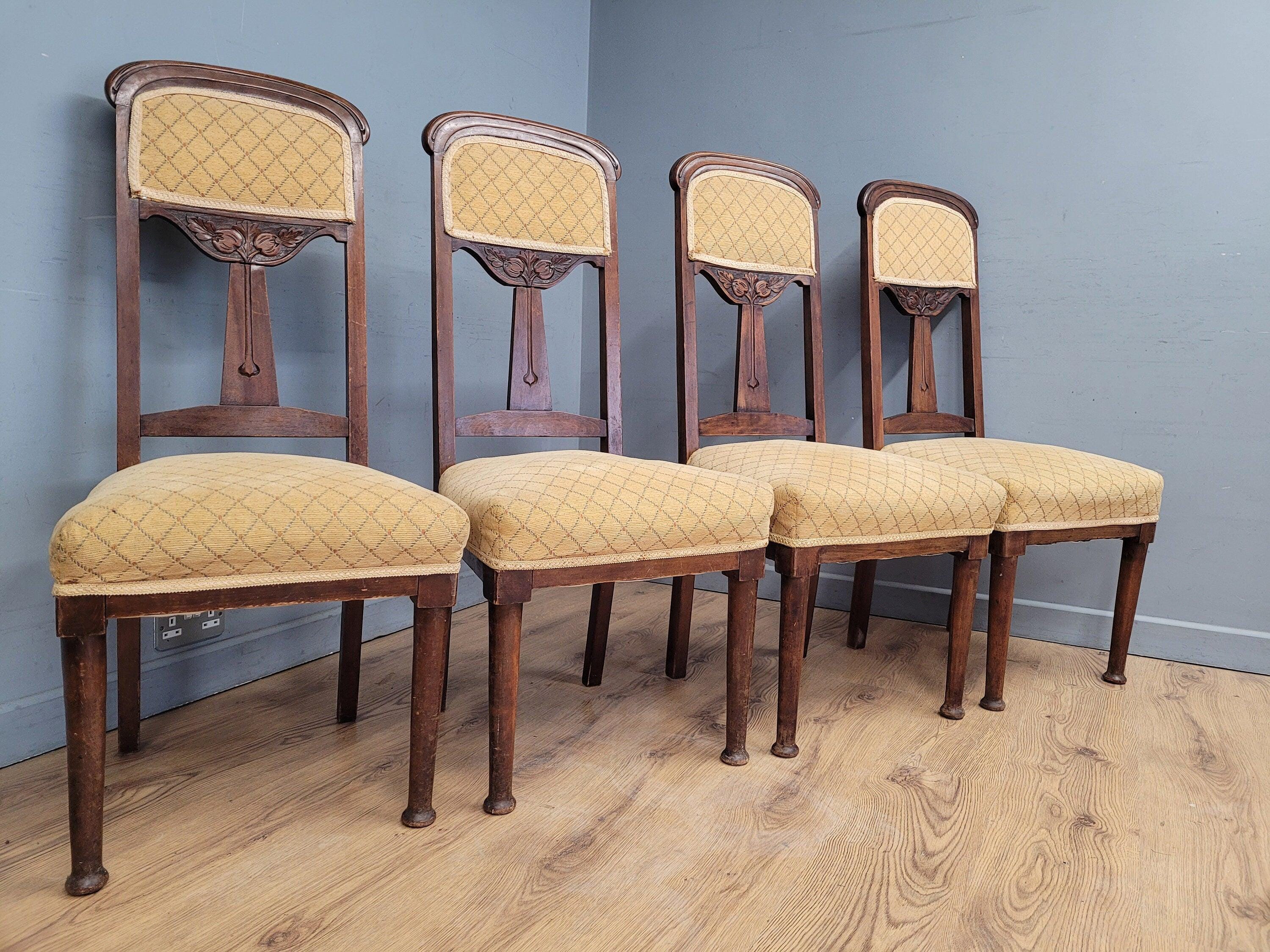 Four Vintage Art Nouveau Style Oak Dining Chairs Upholstered Seats and Backs