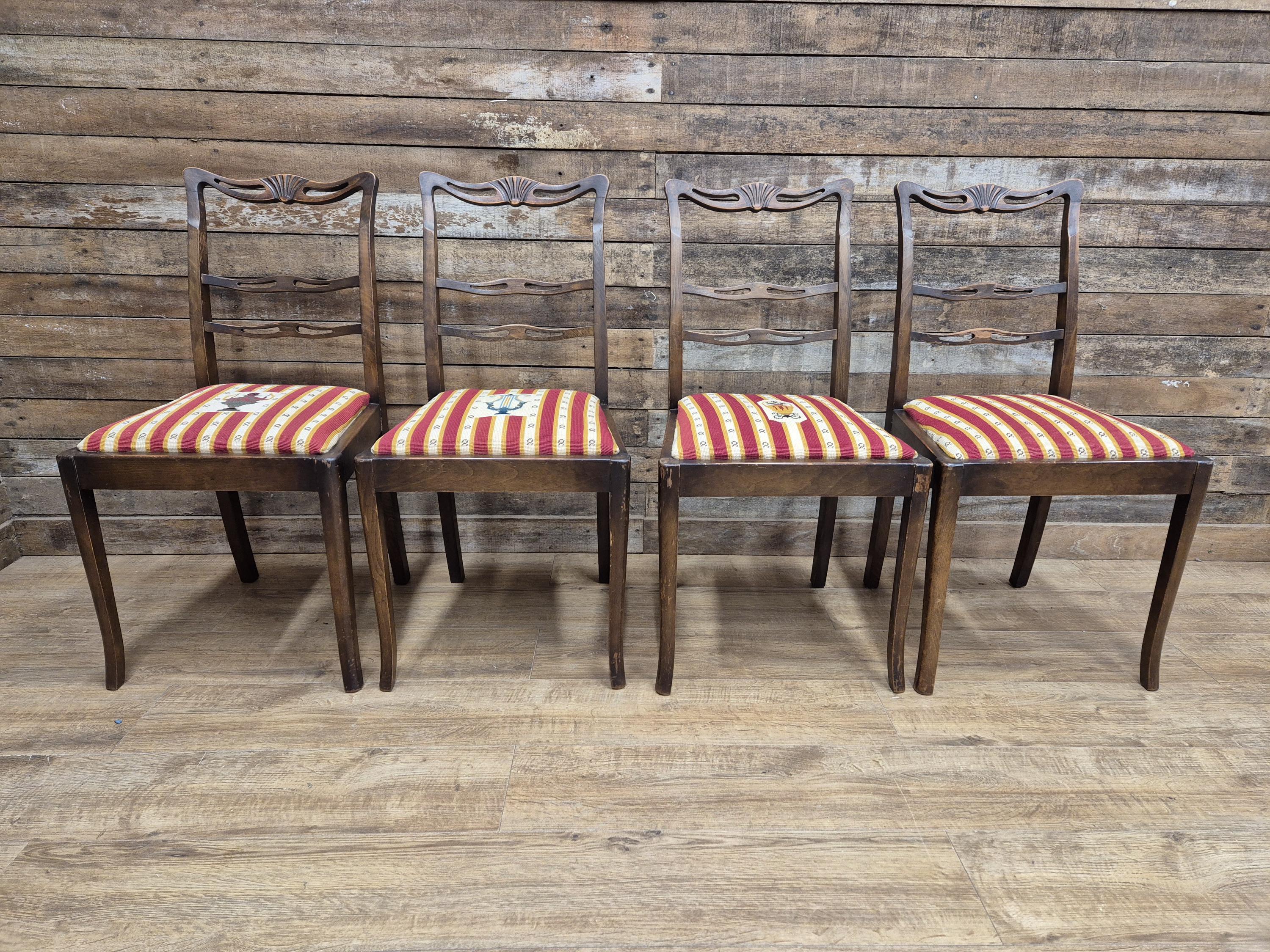 Four Vintage Ladder Back Wool Needlepoint Dining Chairs Pop Out Seat Pads