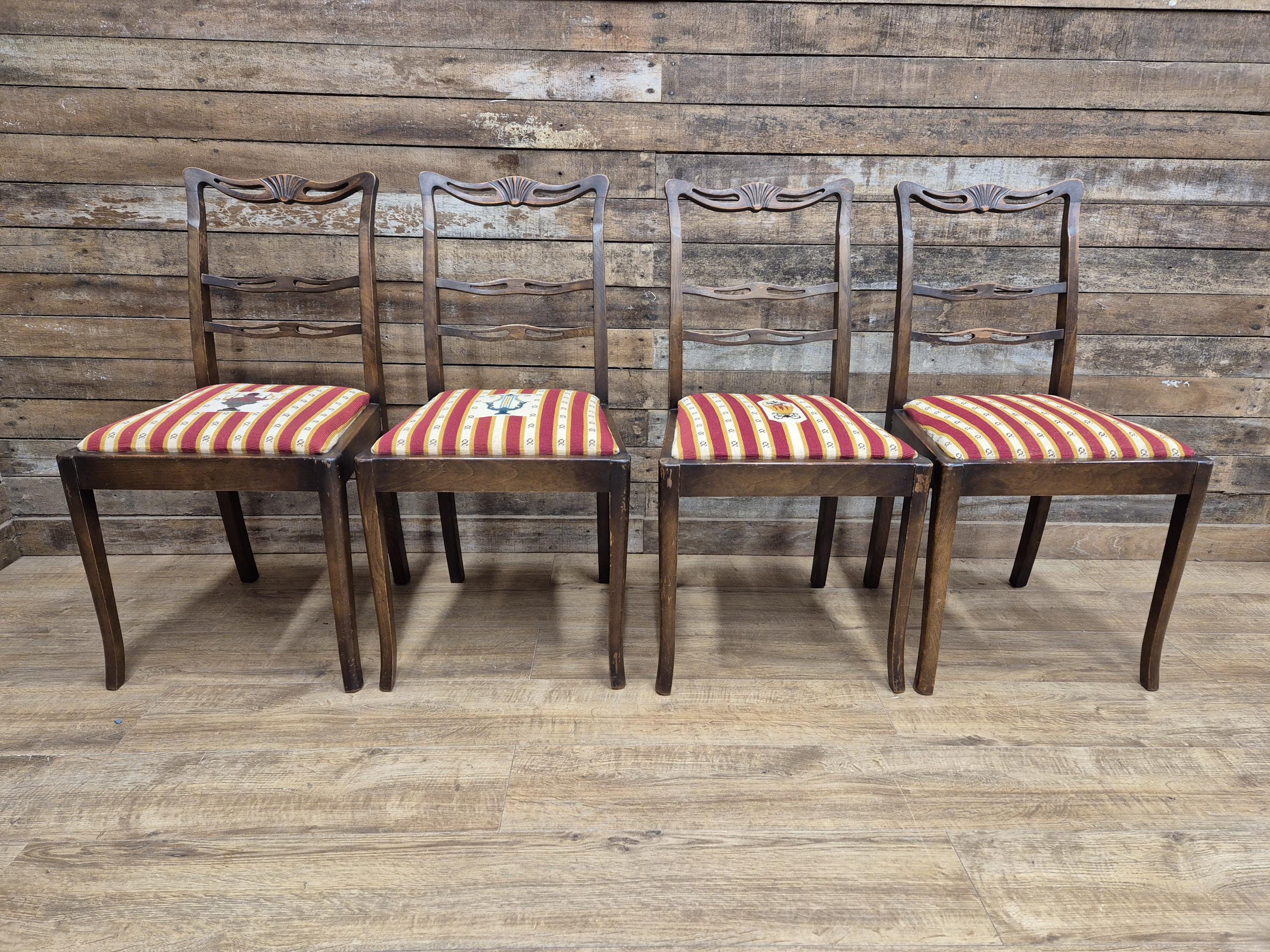 Four Vintage Ladder Back Wool Needlepoint Dining Chairs Pop Out Seat Pads