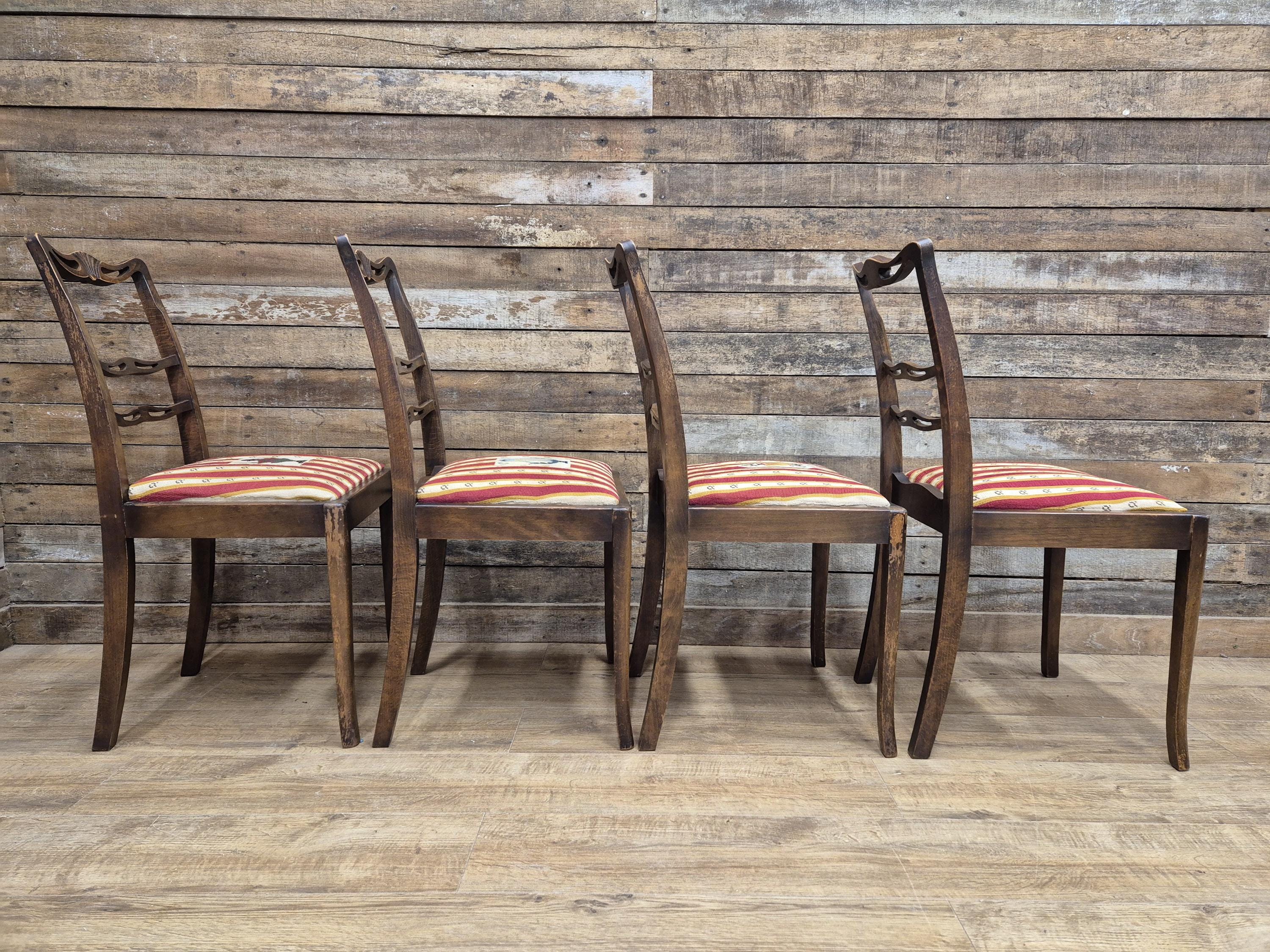 Four Vintage Ladder Back Wool Needlepoint Dining Chairs Pop Out Seat Pads