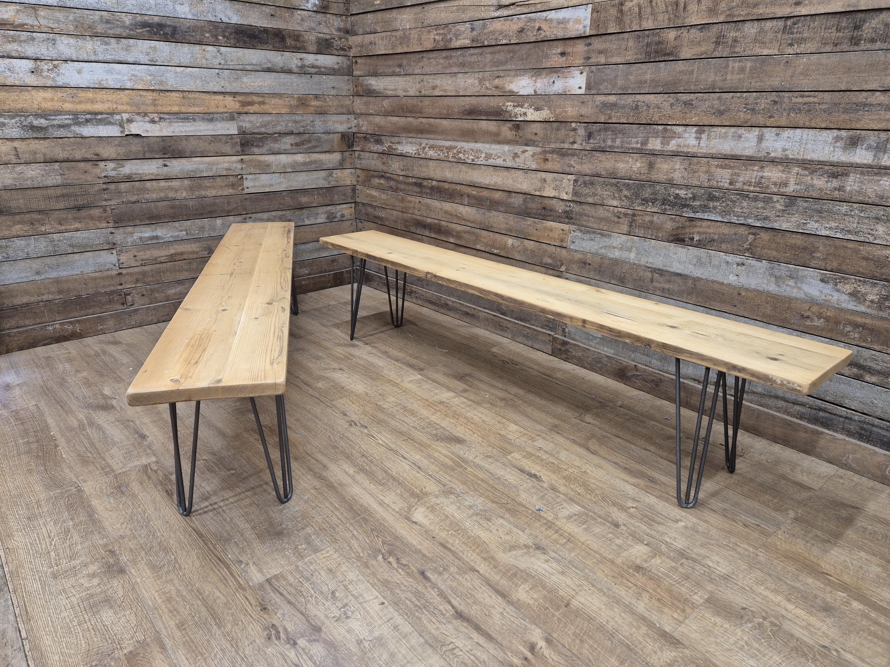 Vintage Distressed Pine Wooden Bench 6ft Long Metal Hairpin Legs ONE LEFT