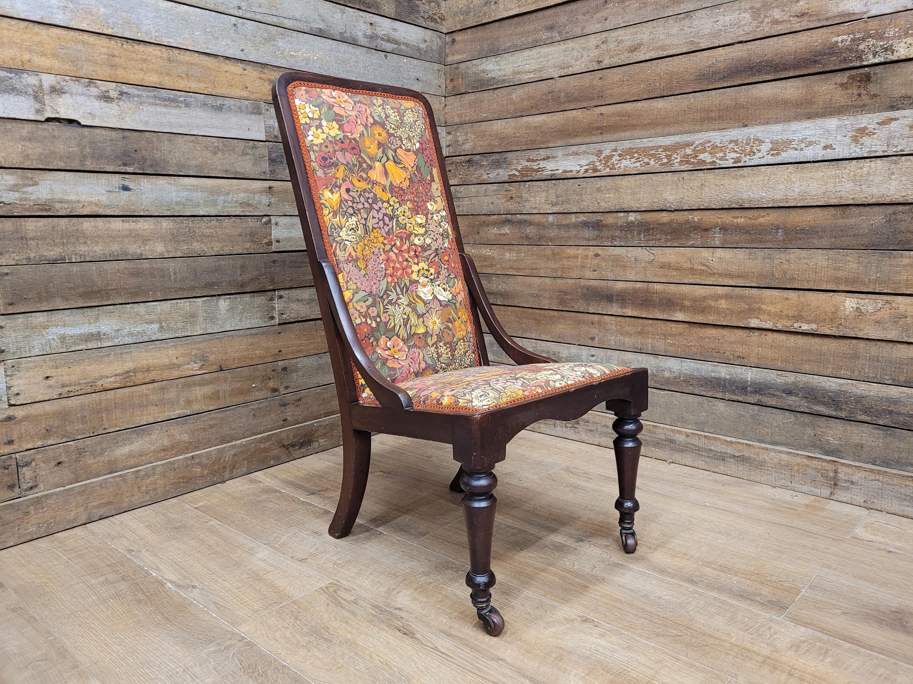 Victorian Mahogany Tall Back Fireside Chair Floral Upholstery Original Castors