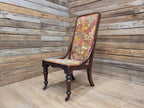 Victorian Mahogany Tall Back Fireside Chair Floral Upholstery Original Castors