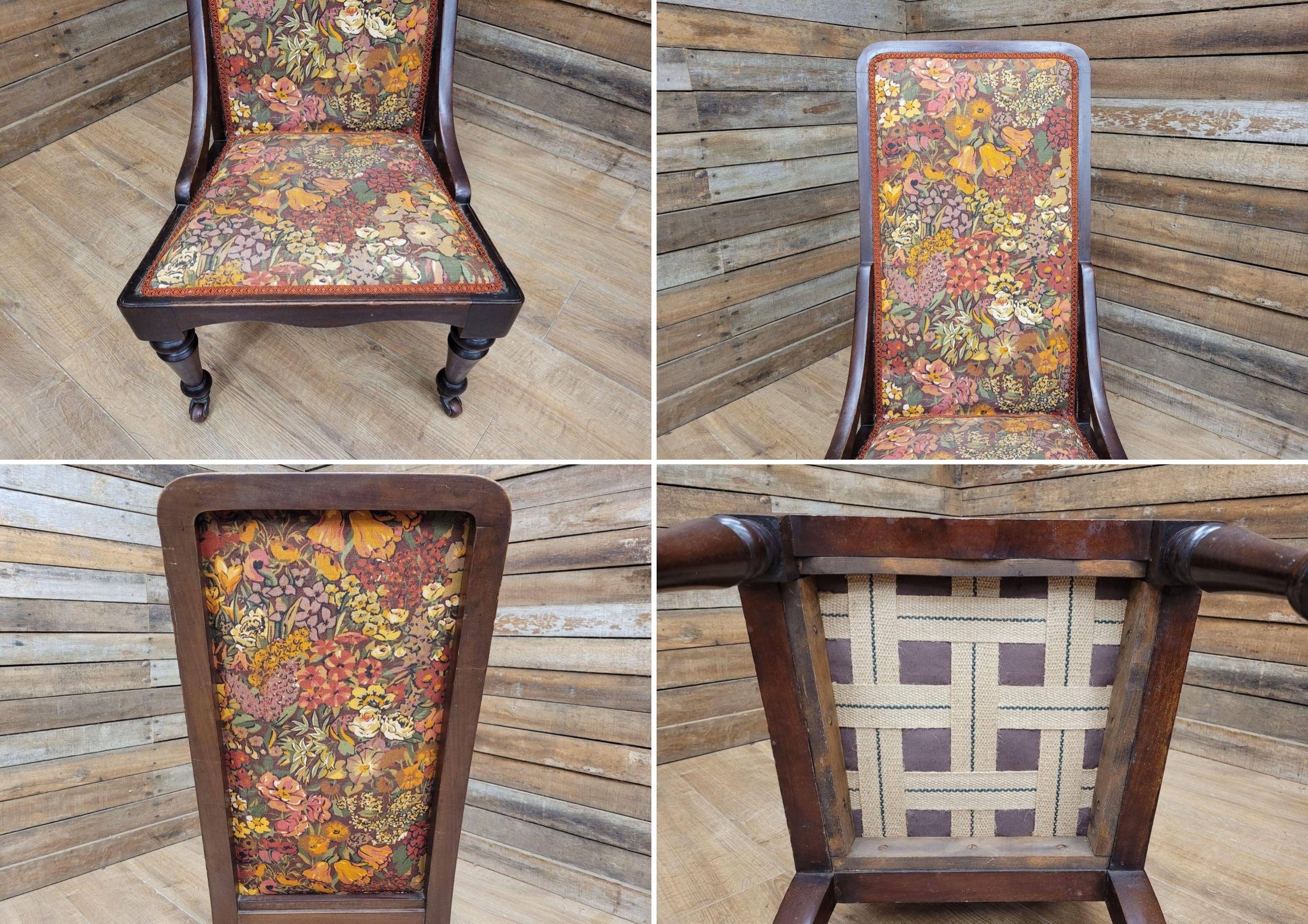 Victorian Mahogany Tall Back Fireside Chair Floral Upholstery Original Castors