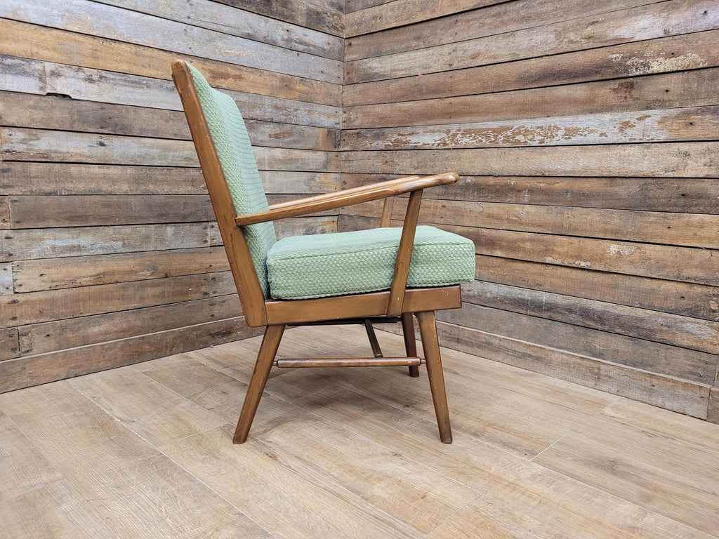 Vintage Mid Century Wooden Armchair Light Green Upholstery 1950s Lounge Chair