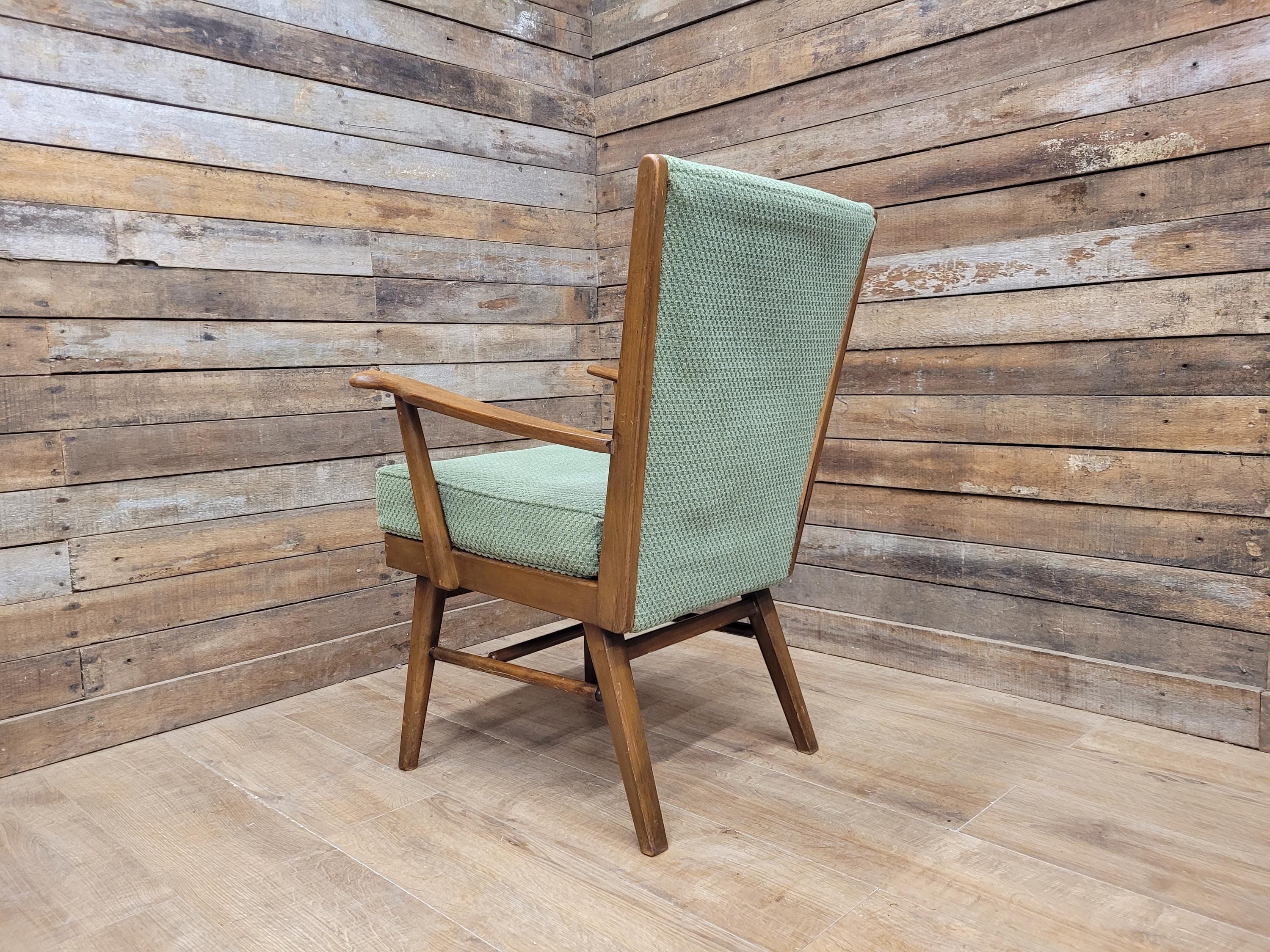 Vintage Mid Century Wooden Armchair Light Green Upholstery 1950s Lounge Chair