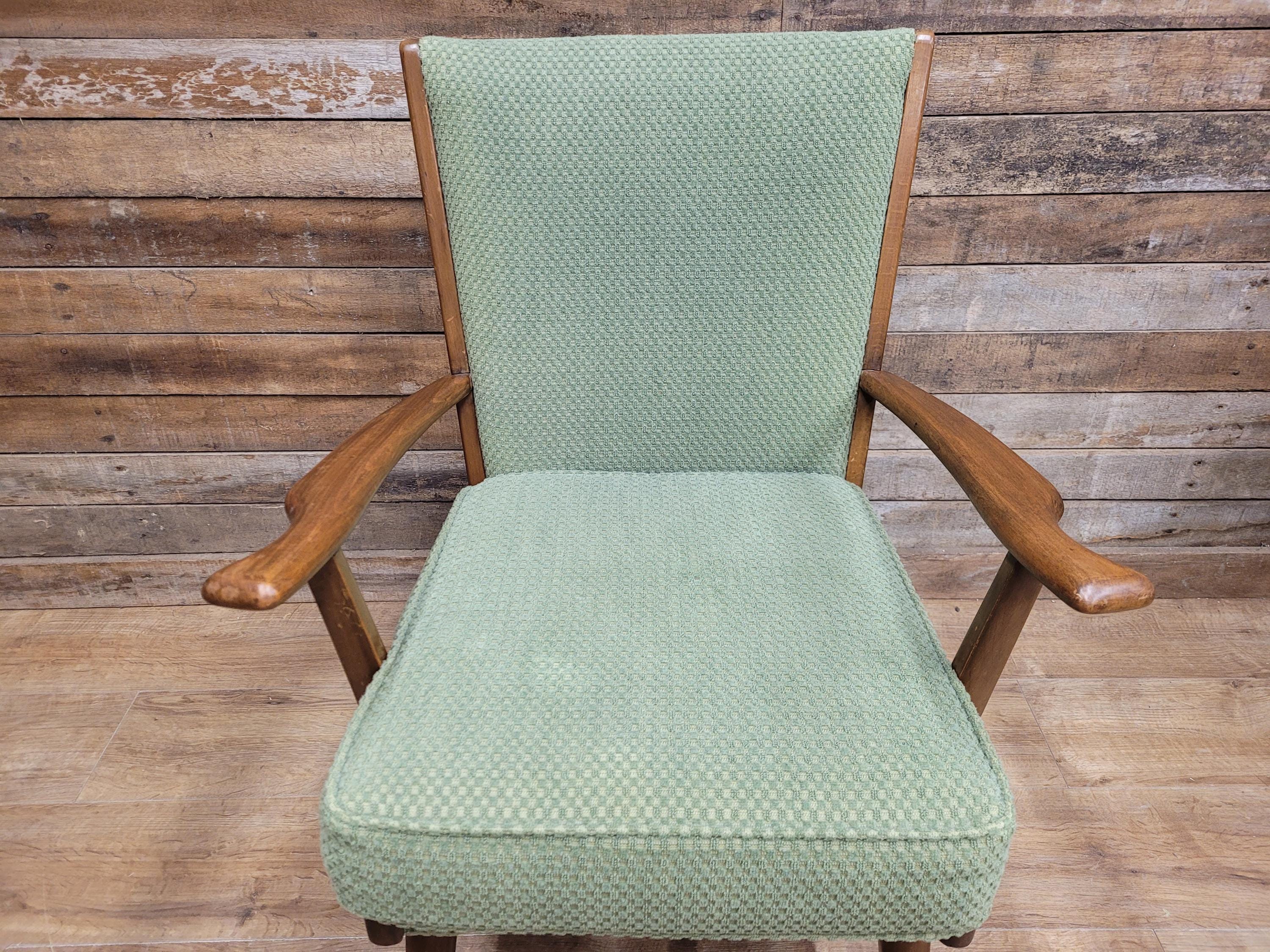 Vintage Mid Century Wooden Armchair Light Green Upholstery 1950s Lounge Chair