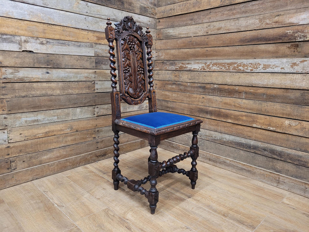 Antique Ornate Barley Twist Carved Throne Style Chair Blue Velvet Seat