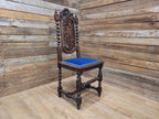 Antique Ornate Barley Twist Carved Throne Style Chair Blue Velvet Seat