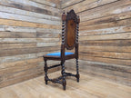 Antique Ornate Barley Twist Carved Throne Style Chair Blue Velvet Seat