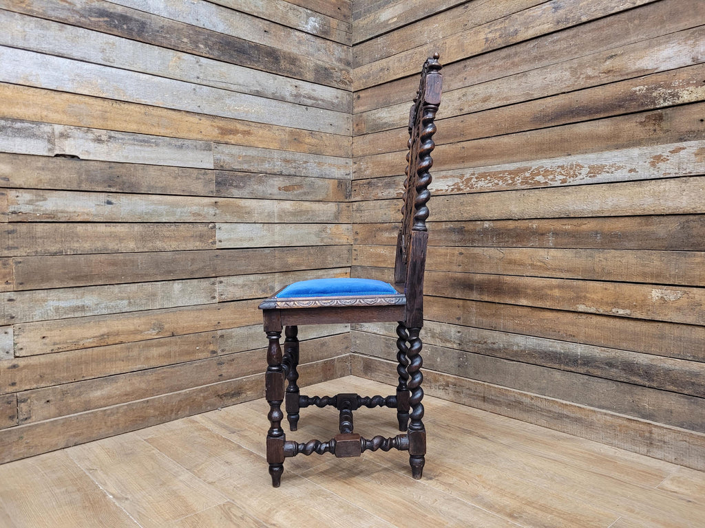 Antique Ornate Barley Twist Carved Throne Style Chair Blue Velvet Seat