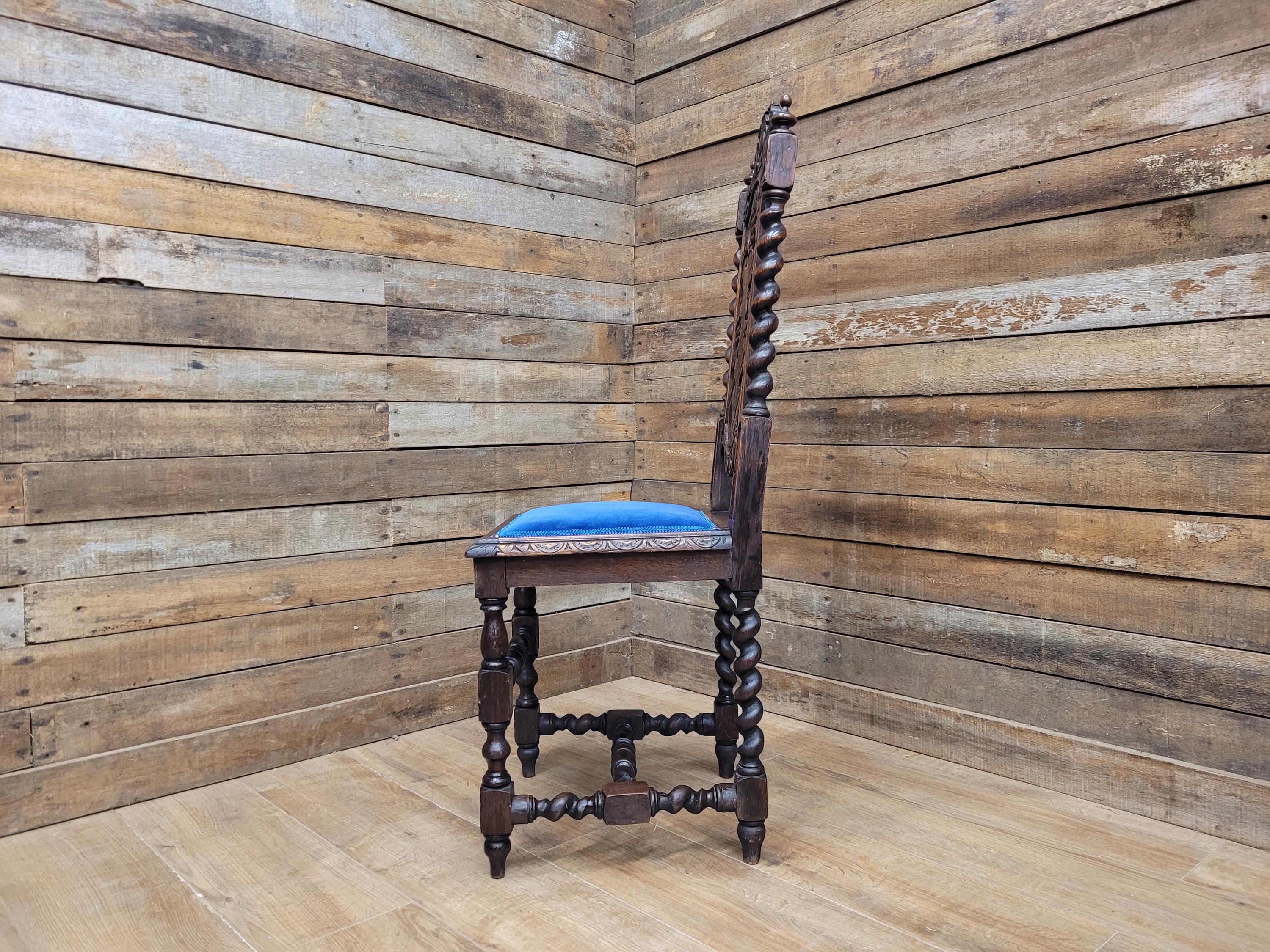 Antique Ornate Barley Twist Carved Throne Style Chair Blue Velvet Seat