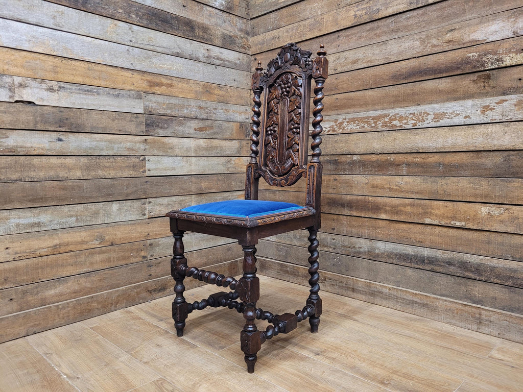Antique Ornate Barley Twist Carved Throne Style Chair Blue Velvet Seat