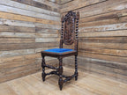 Antique Ornate Barley Twist Carved Throne Style Chair Blue Velvet Seat