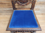 Antique Ornate Barley Twist Carved Throne Style Chair Blue Velvet Seat