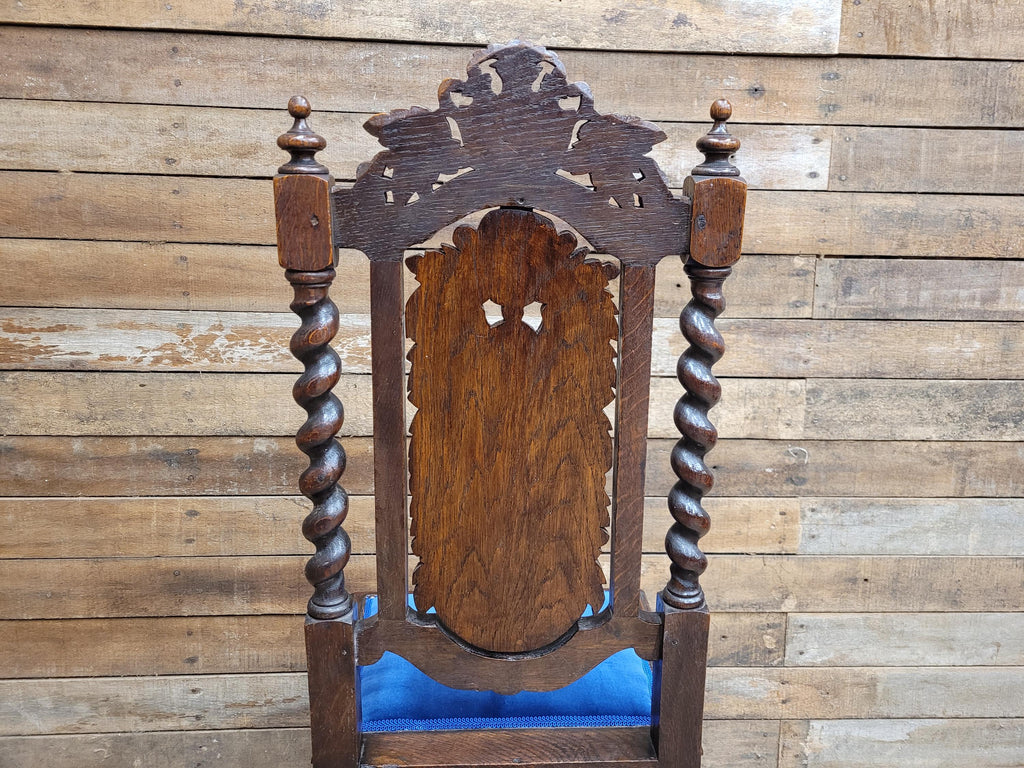 Antique Ornate Barley Twist Carved Throne Style Chair Blue Velvet Seat