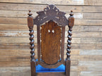 Antique Ornate Barley Twist Carved Throne Style Chair Blue Velvet Seat