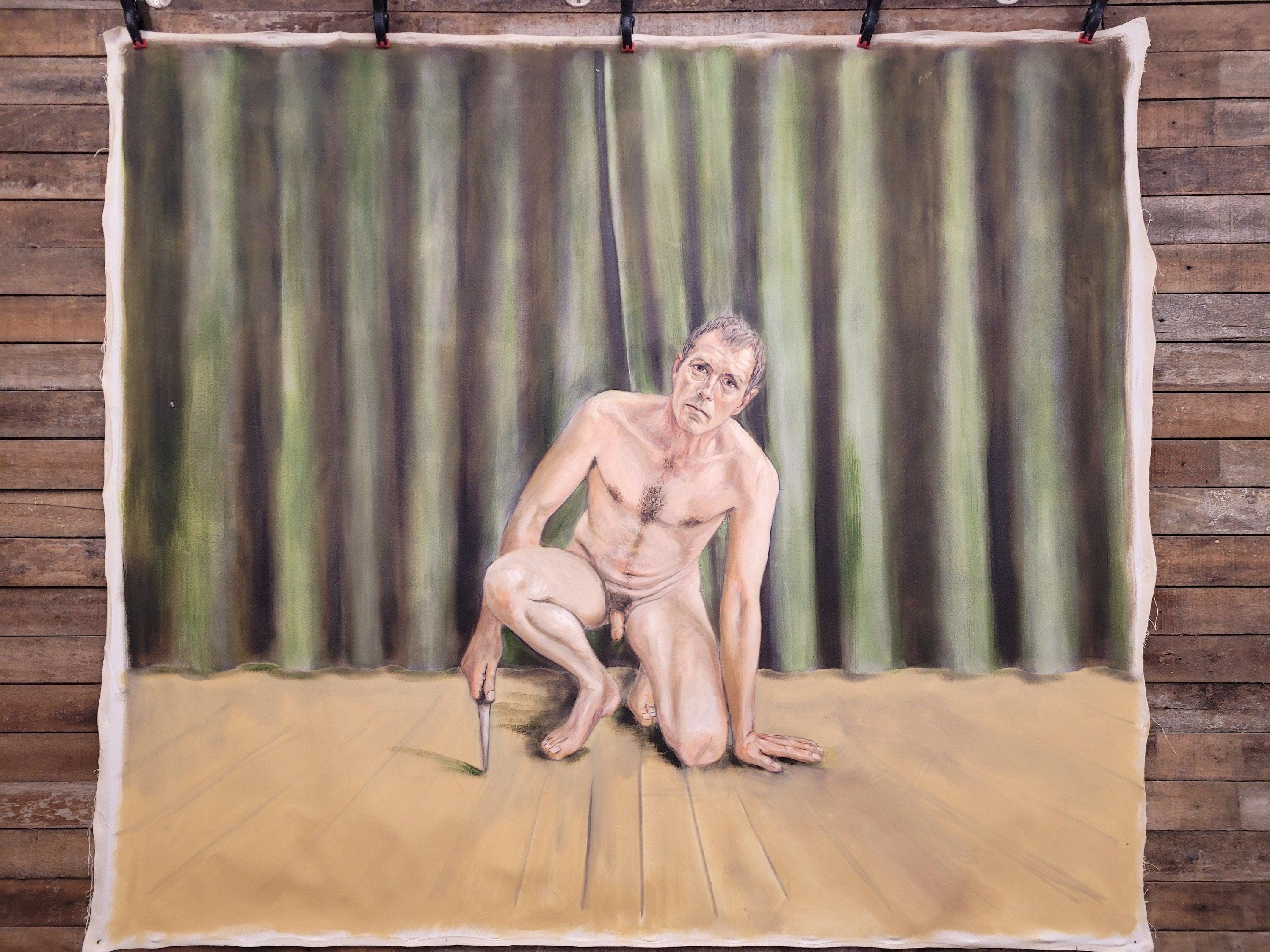 Large 8ft Contemporary Oil Painting Male Nude with Knife Modern Figurative Art