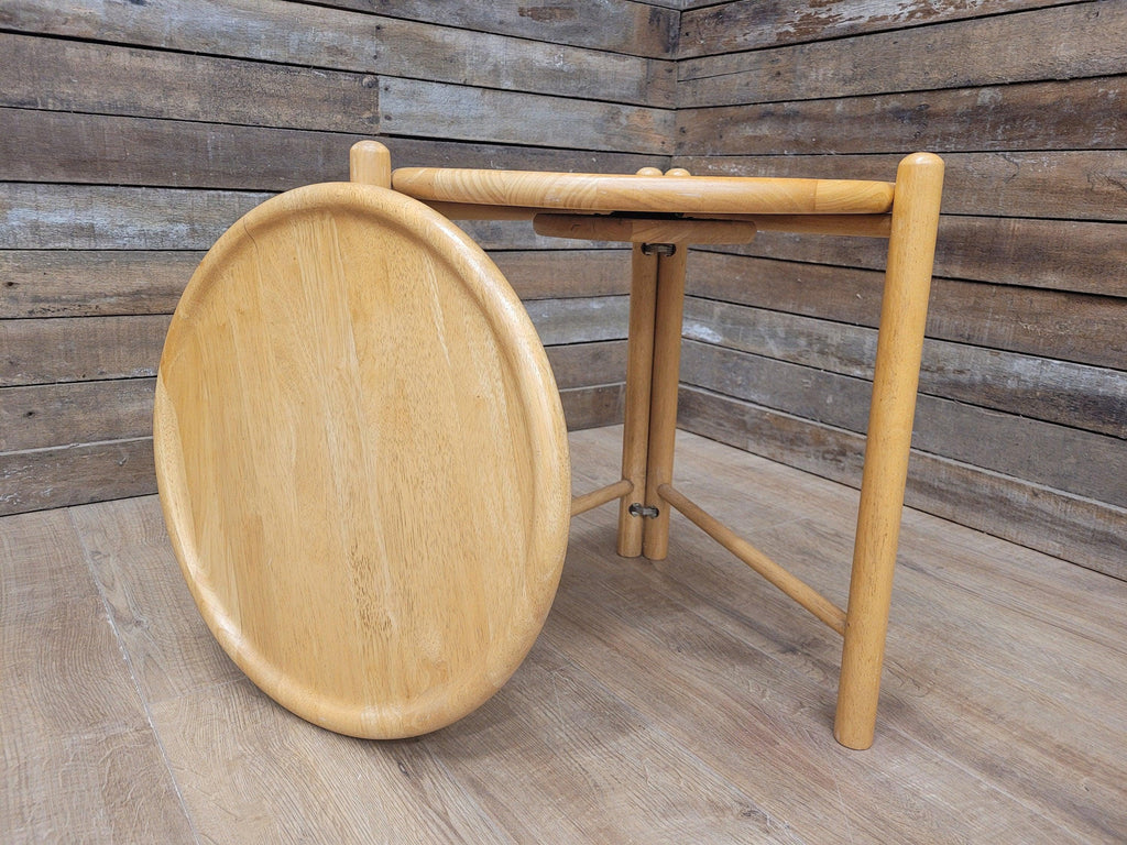 Vintage Blonde Side Table Folding Tray With Lazy Susan Occasional Table