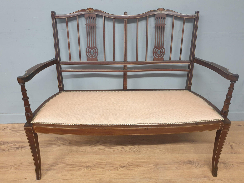 Antique Edwardian Saloon Sofa and Two Chair Fret Back Inlaid Marquetry Detailing
