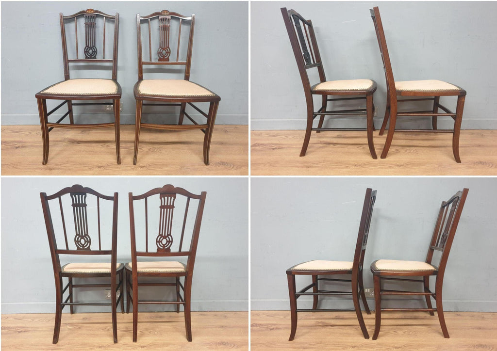 Antique Edwardian Saloon Sofa and Two Chair Fret Back Inlaid Marquetry Detailing
