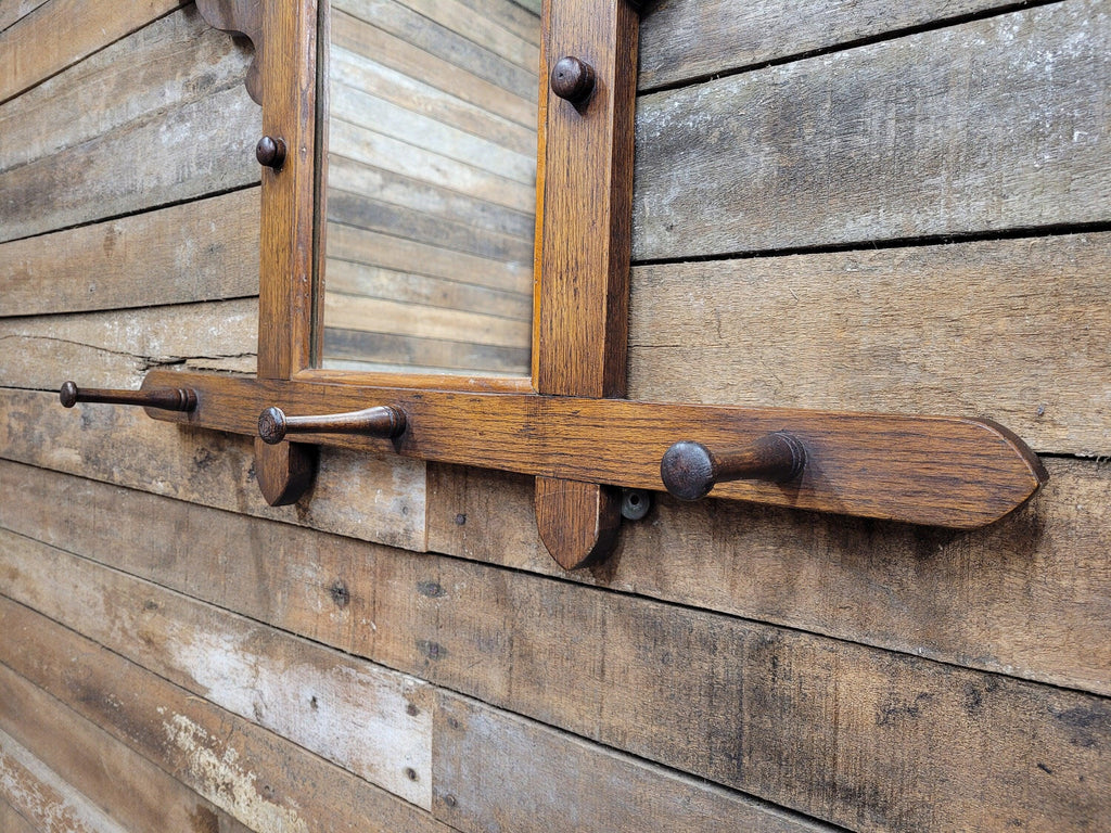 Antique Arts And Craft Oak Wall Mirror With Coat Hat Pegs