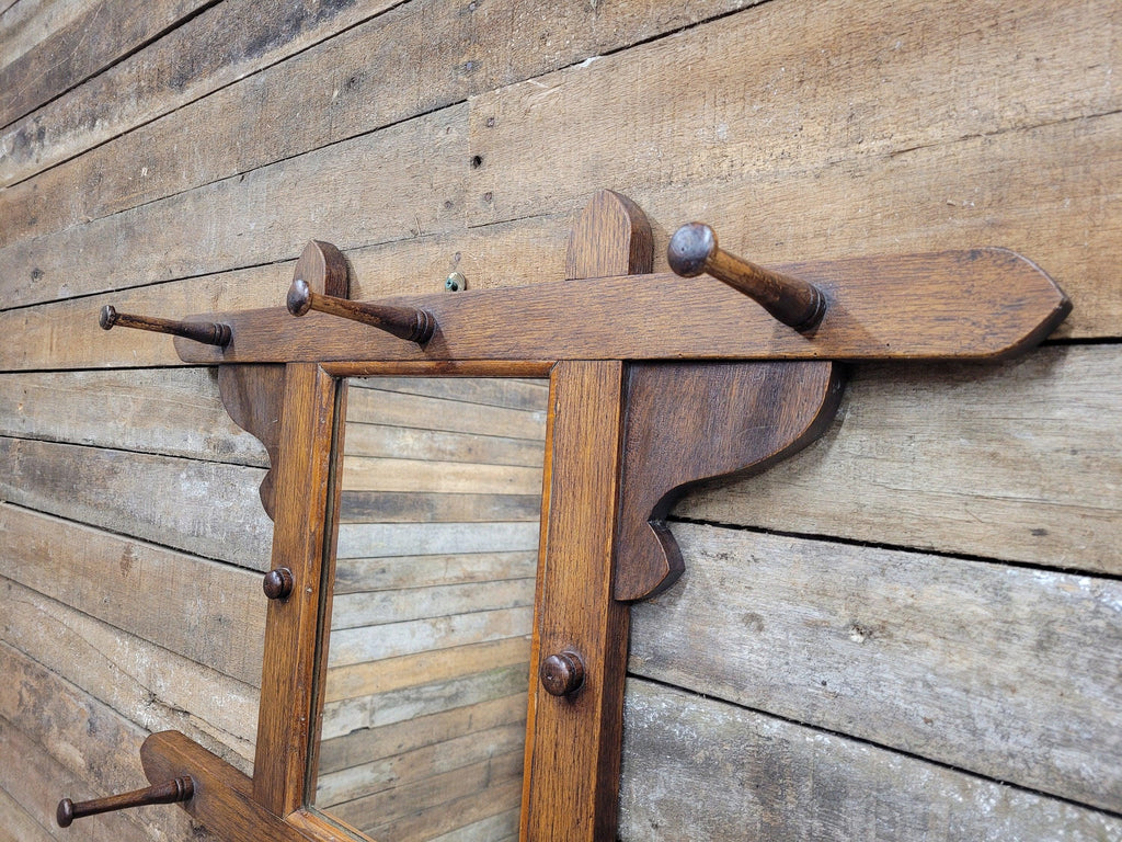 Antique Arts And Craft Oak Wall Mirror With Coat Hat Pegs