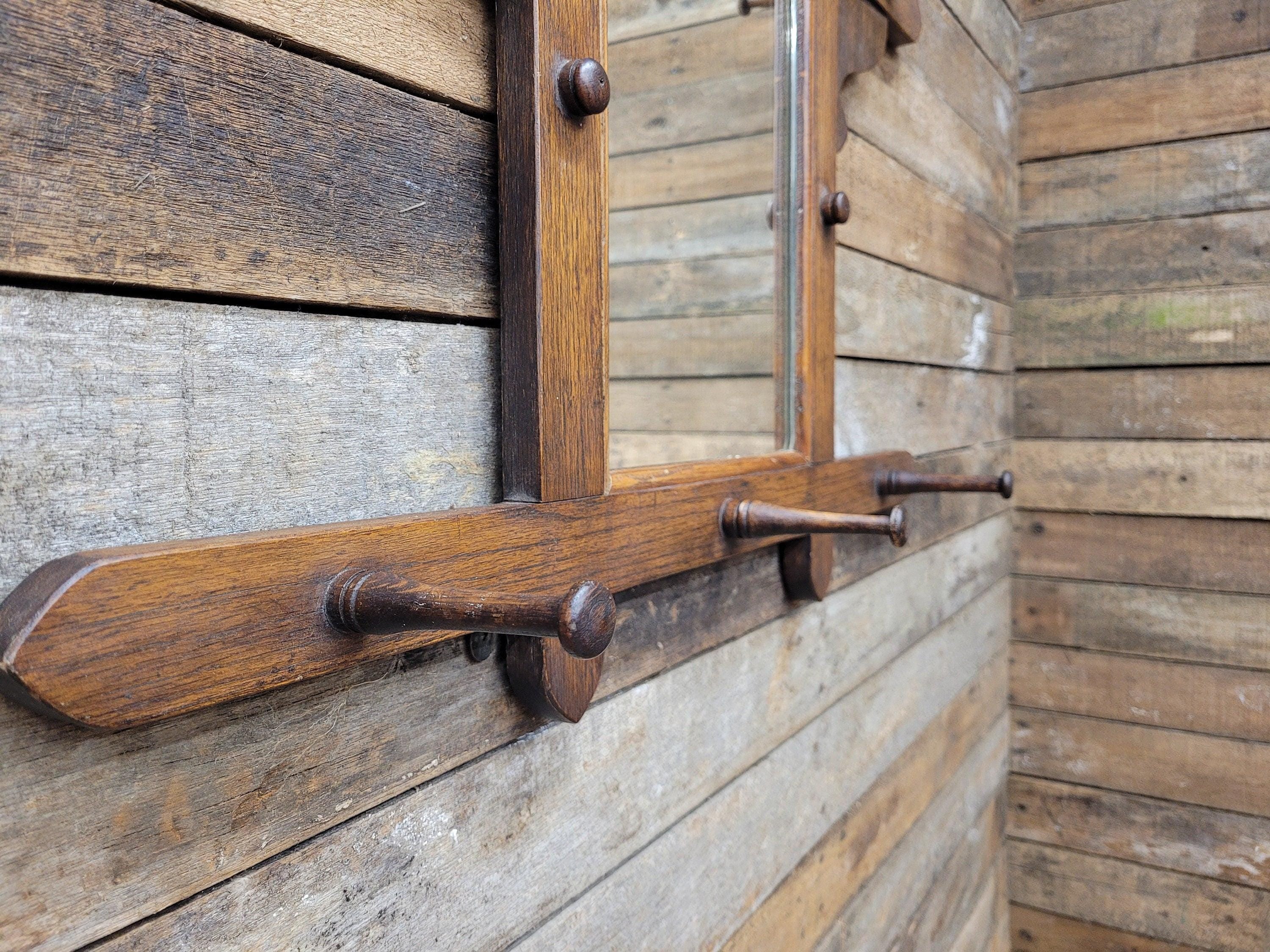 Antique Arts And Craft Oak Wall Mirror With Coat Hat Pegs